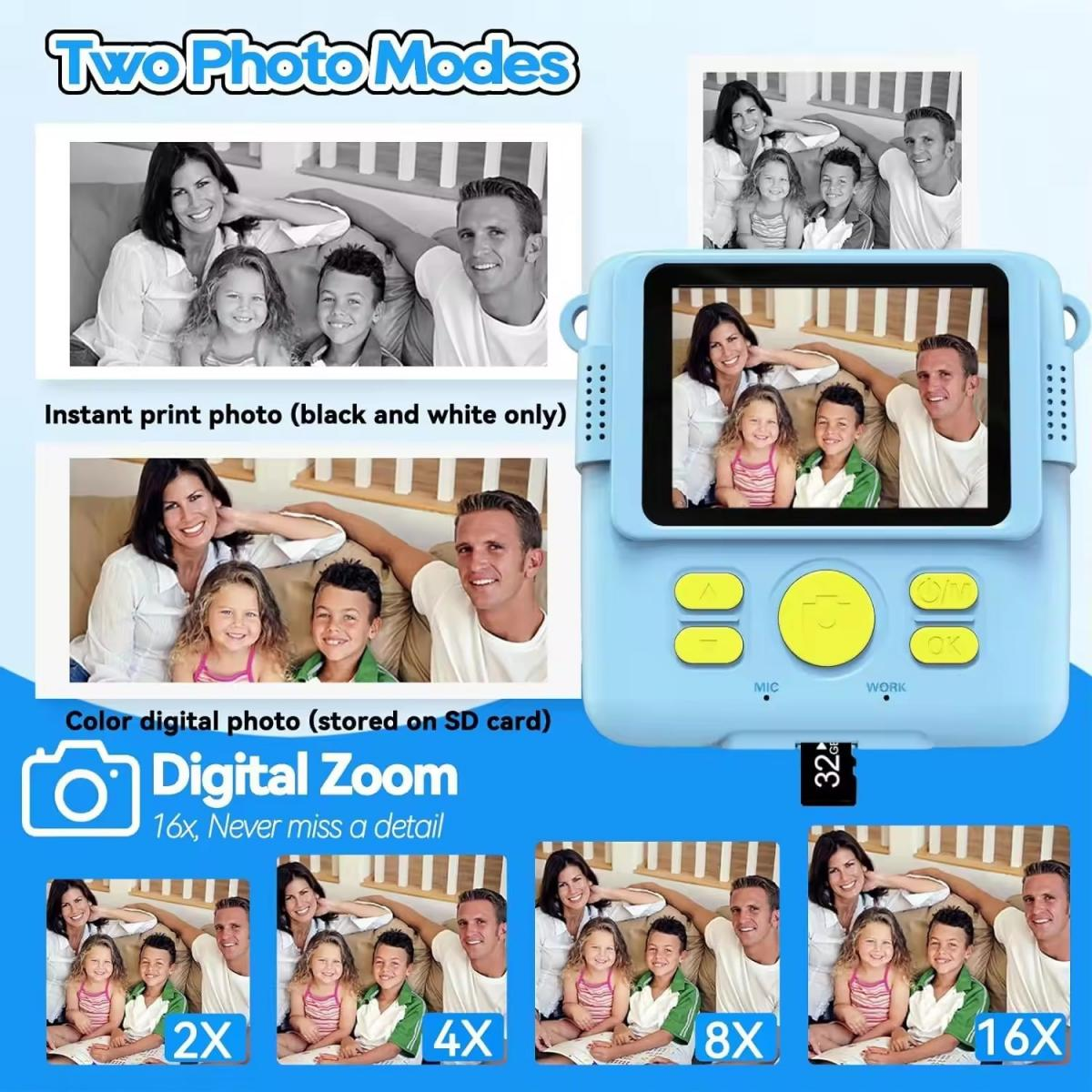 Blaues Digitalkamera-Display zeigt Familie. Fotos in Schwarz-Weiß und Farbe, Zoom-Optionen.