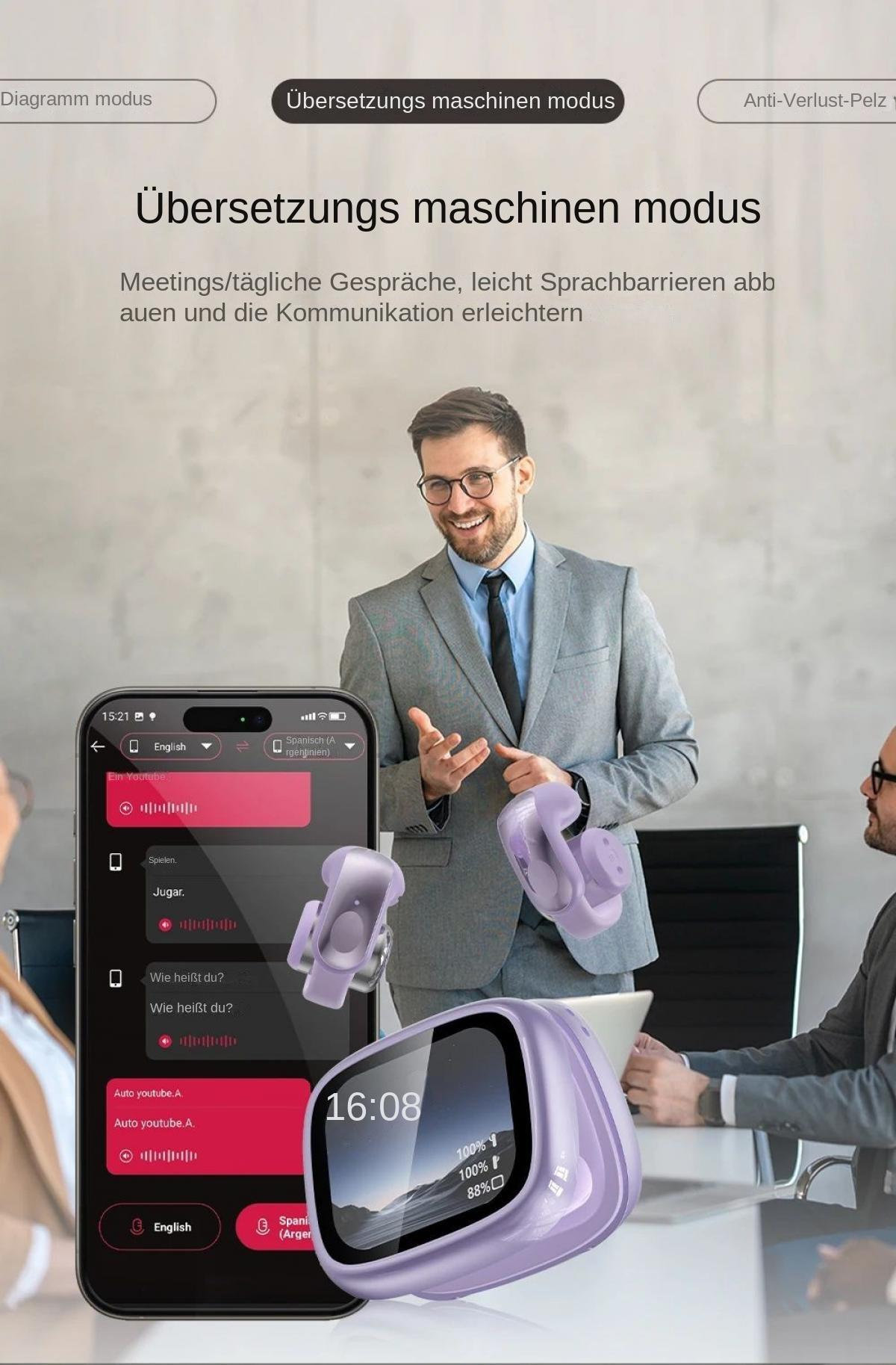 Männer in einem Besprechungsraum, die ein Smartphone mit Übersetzungs-App und Ohrhörer zeigen.