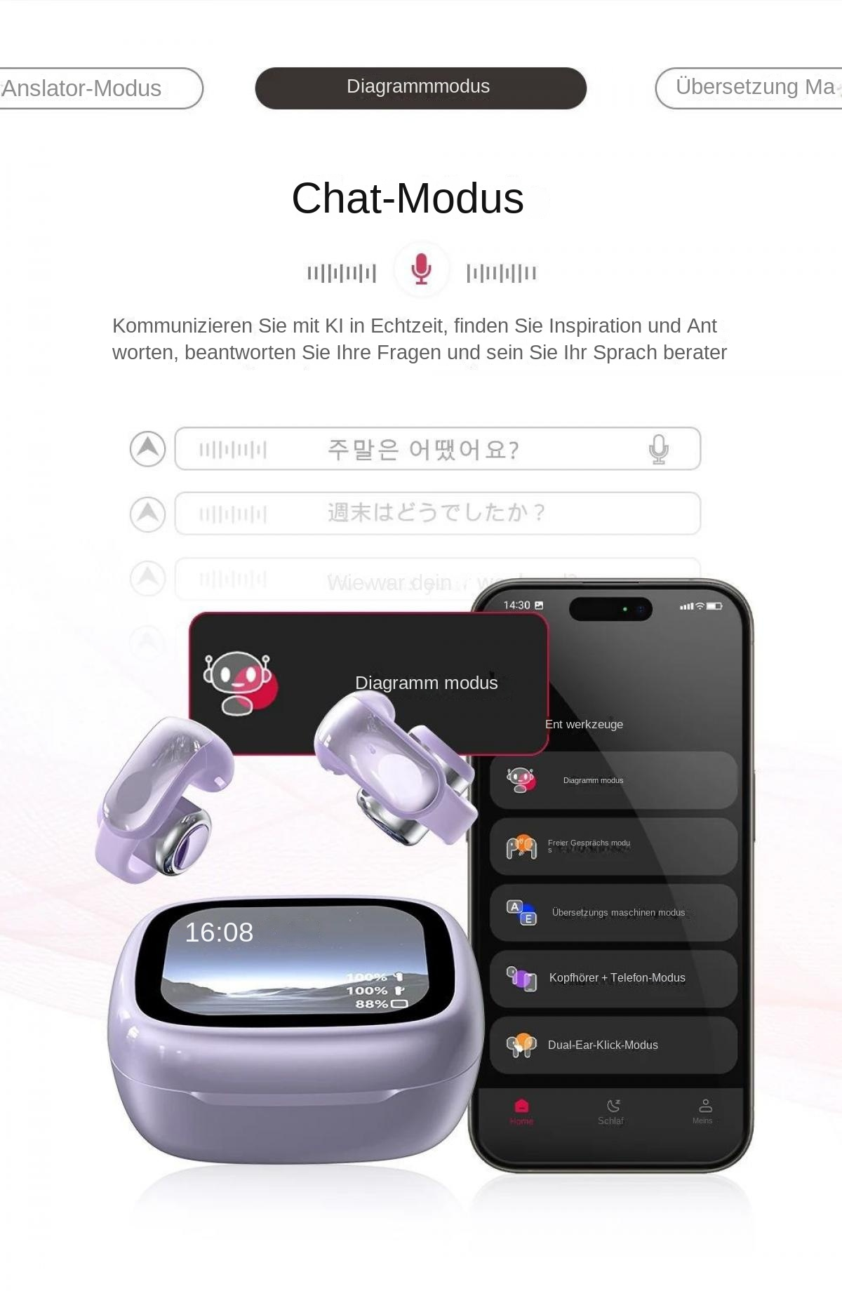 Telefon zeigt Übersetzungs-App mit Ohrhörern. Enthält Chat-Modus und Optionen.