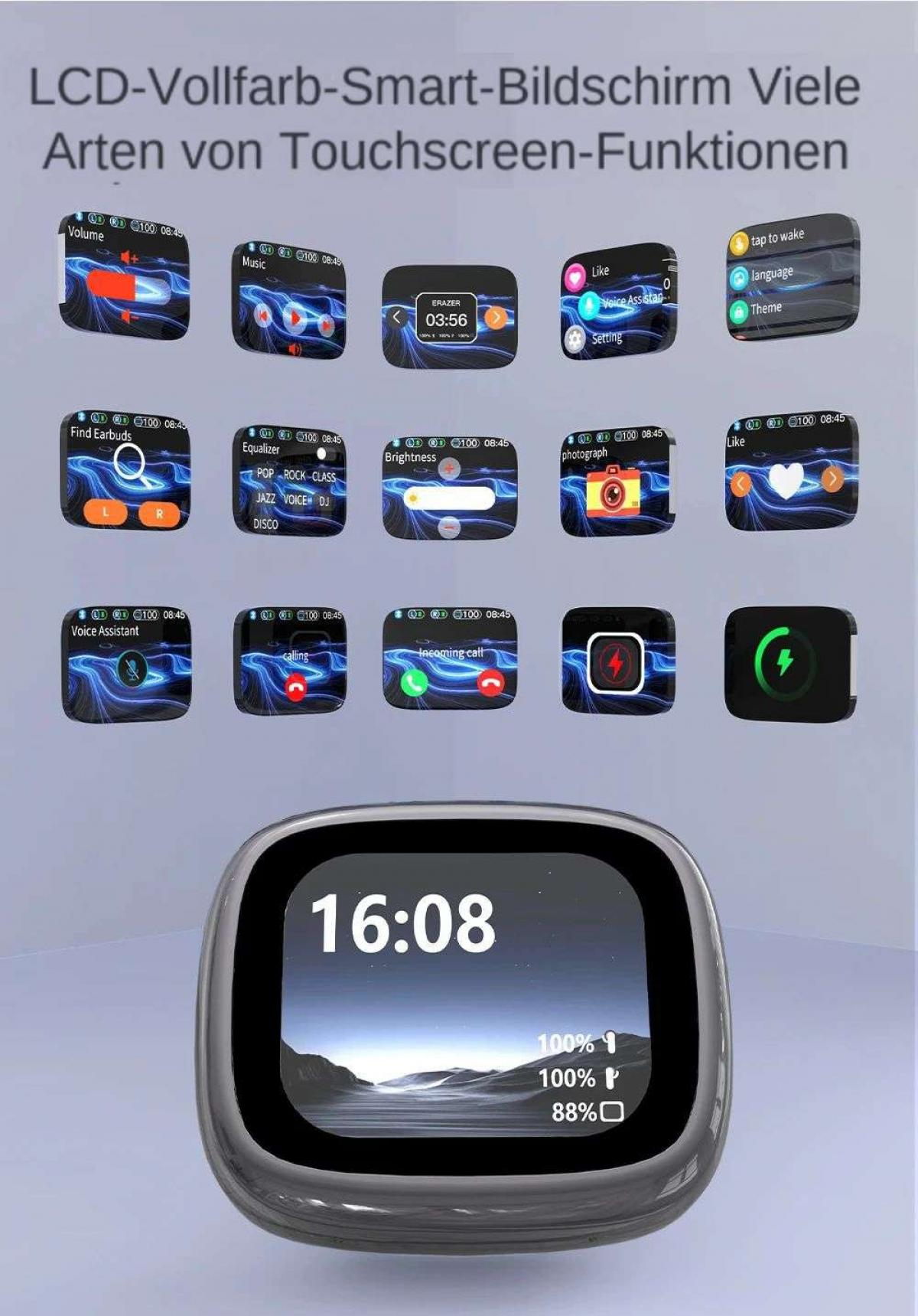 Smartwatch-Menü mit App-Symbolen und einer Zeitanzeige von 16:08 Uhr.