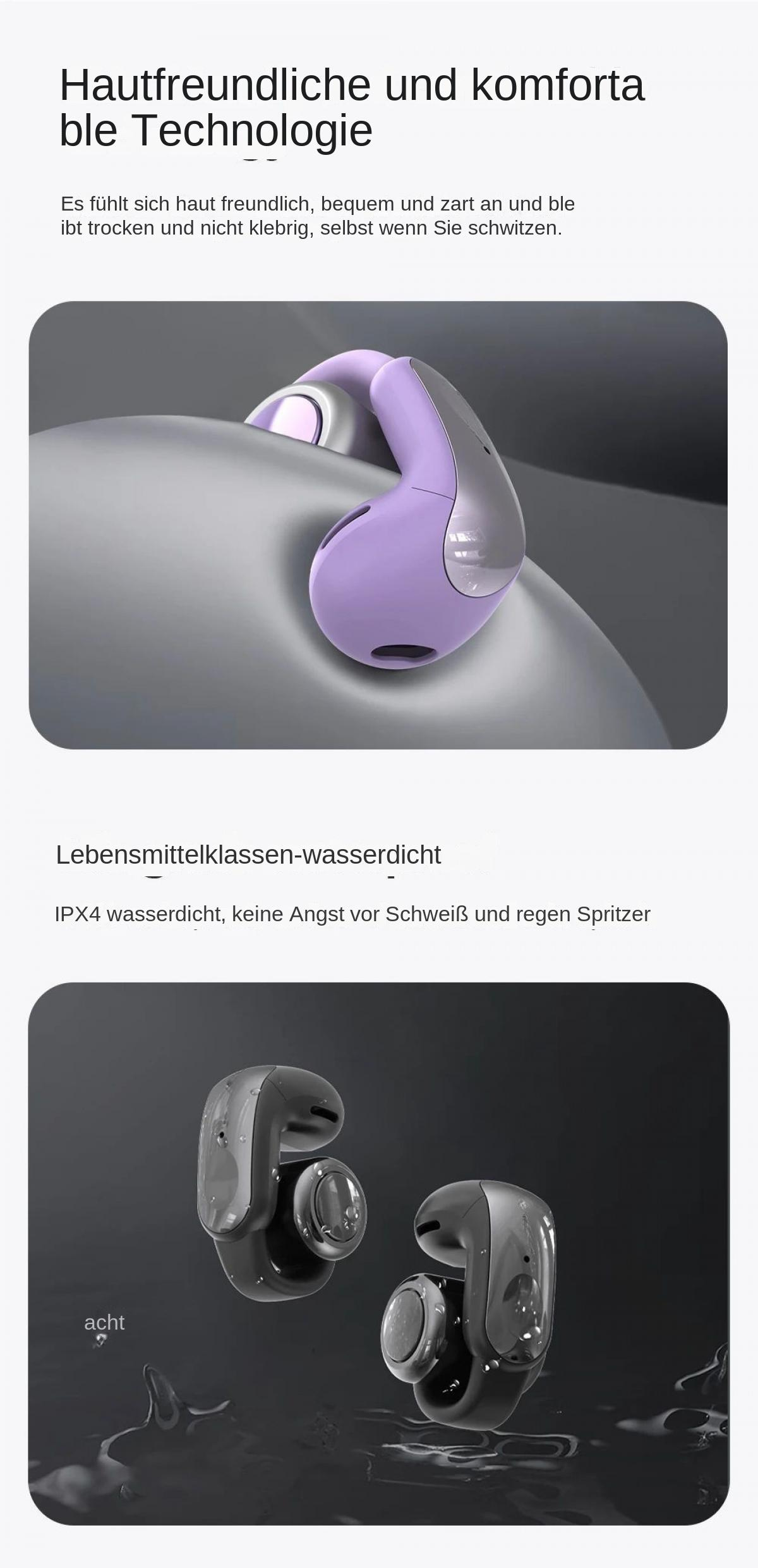 Ein lila und ein schwarzes Paar Ohrhörer, letztere spritzen Wasser.