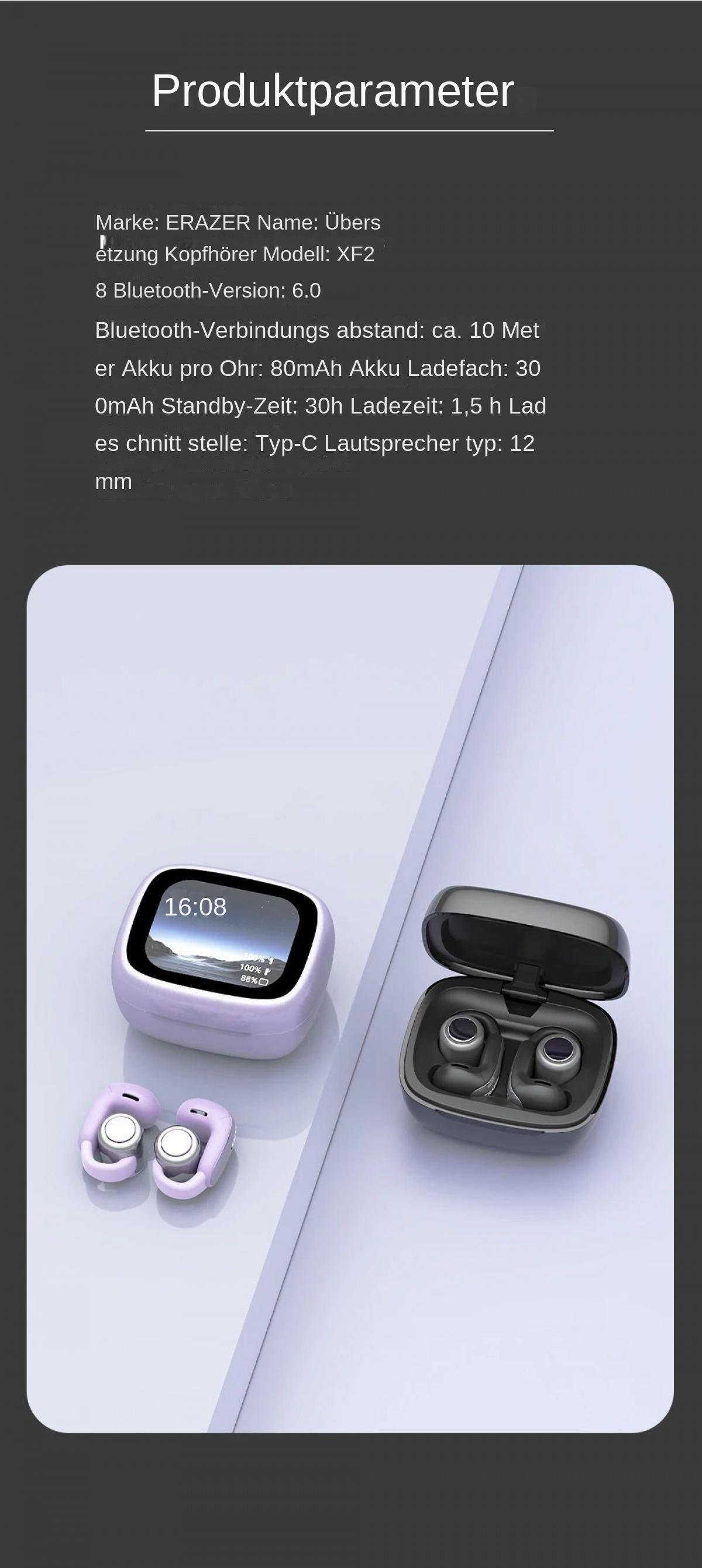 Produktparameter: Lila und schwarze kabellose Ohrhörer mit Ladeboxen, eine Box mit Display.