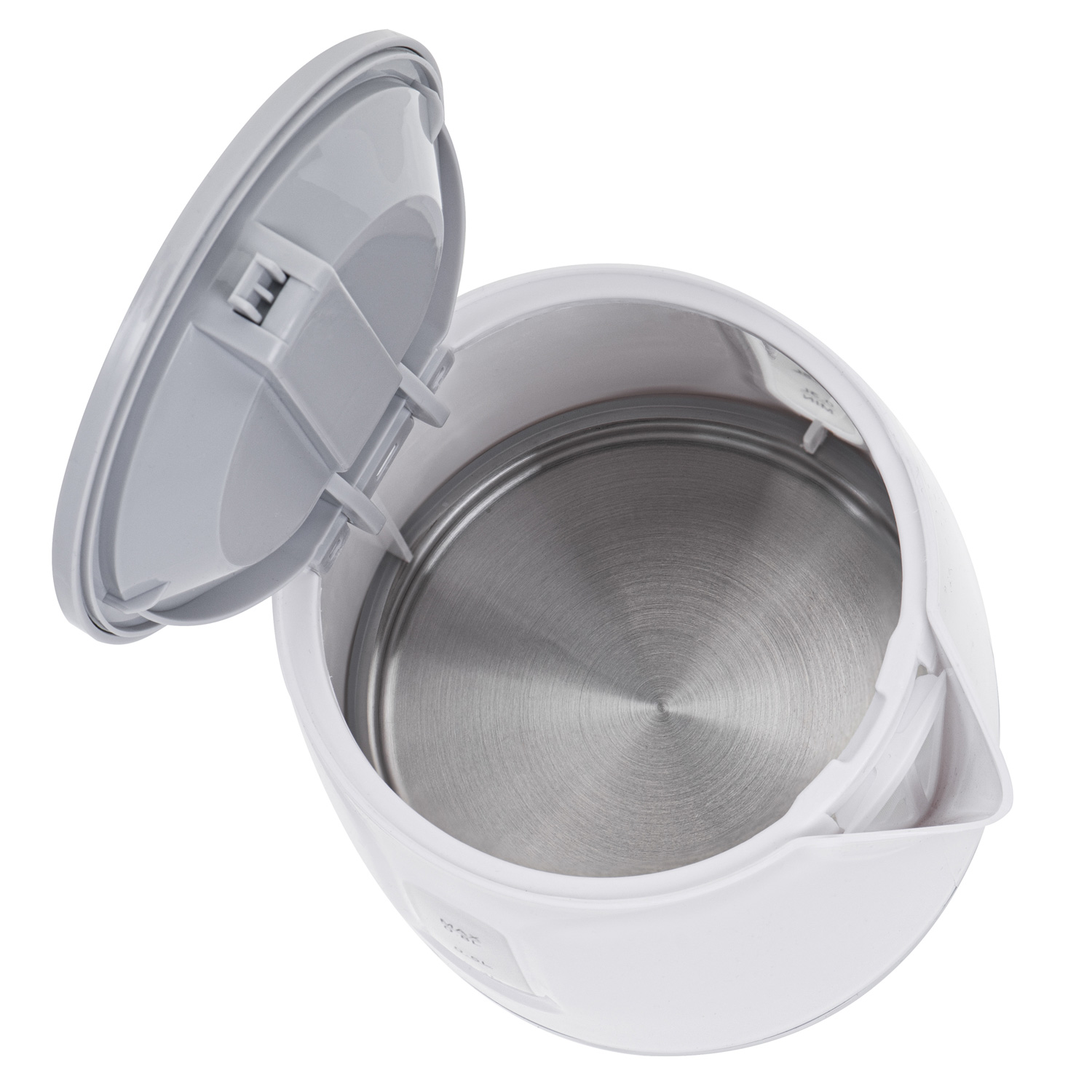 Open witte waterkoker met grijs deksel en roestvrijstalen interieur.