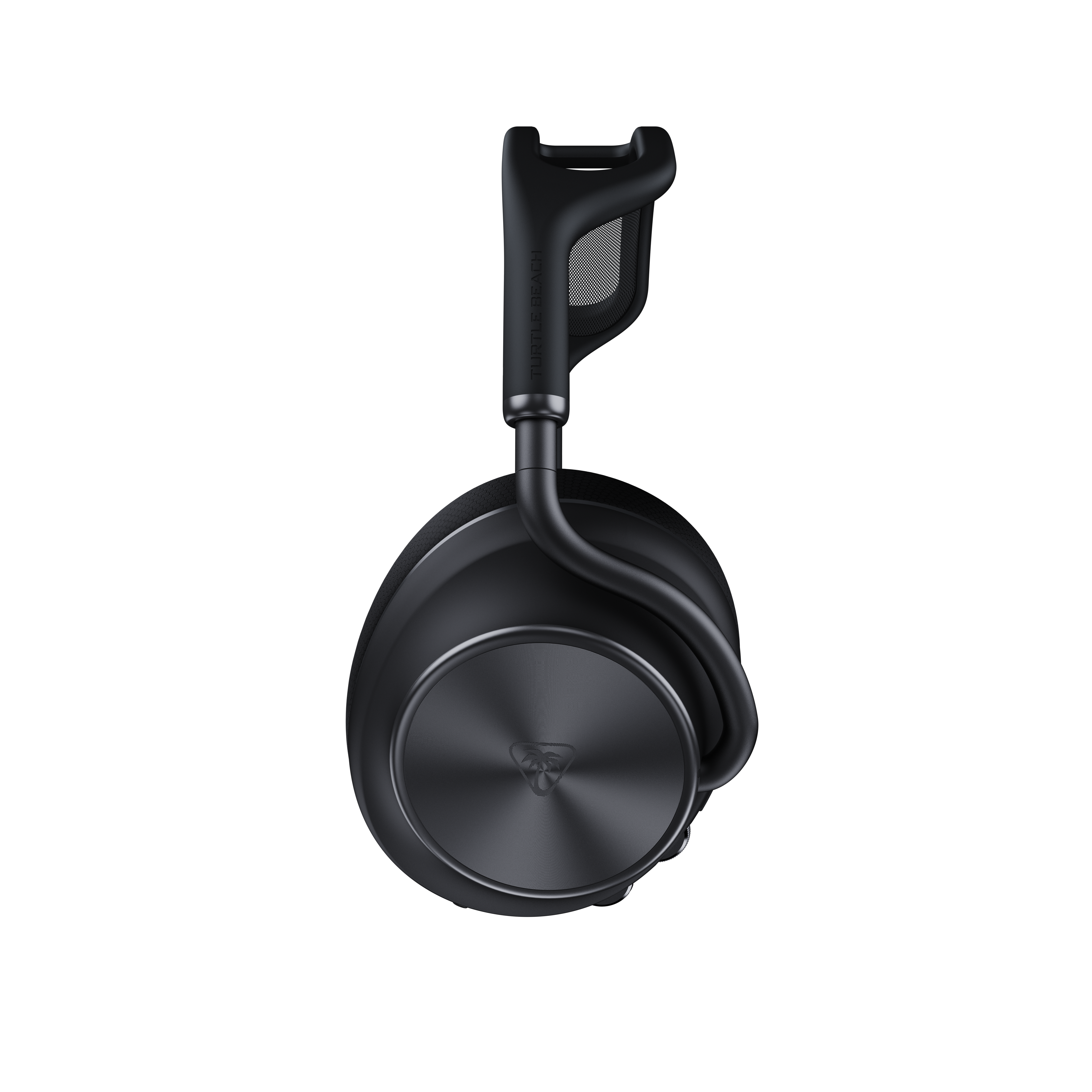 Schwarze Kopfhörer mit Turtle Beach Logo auf schwarzem Hintergrund.