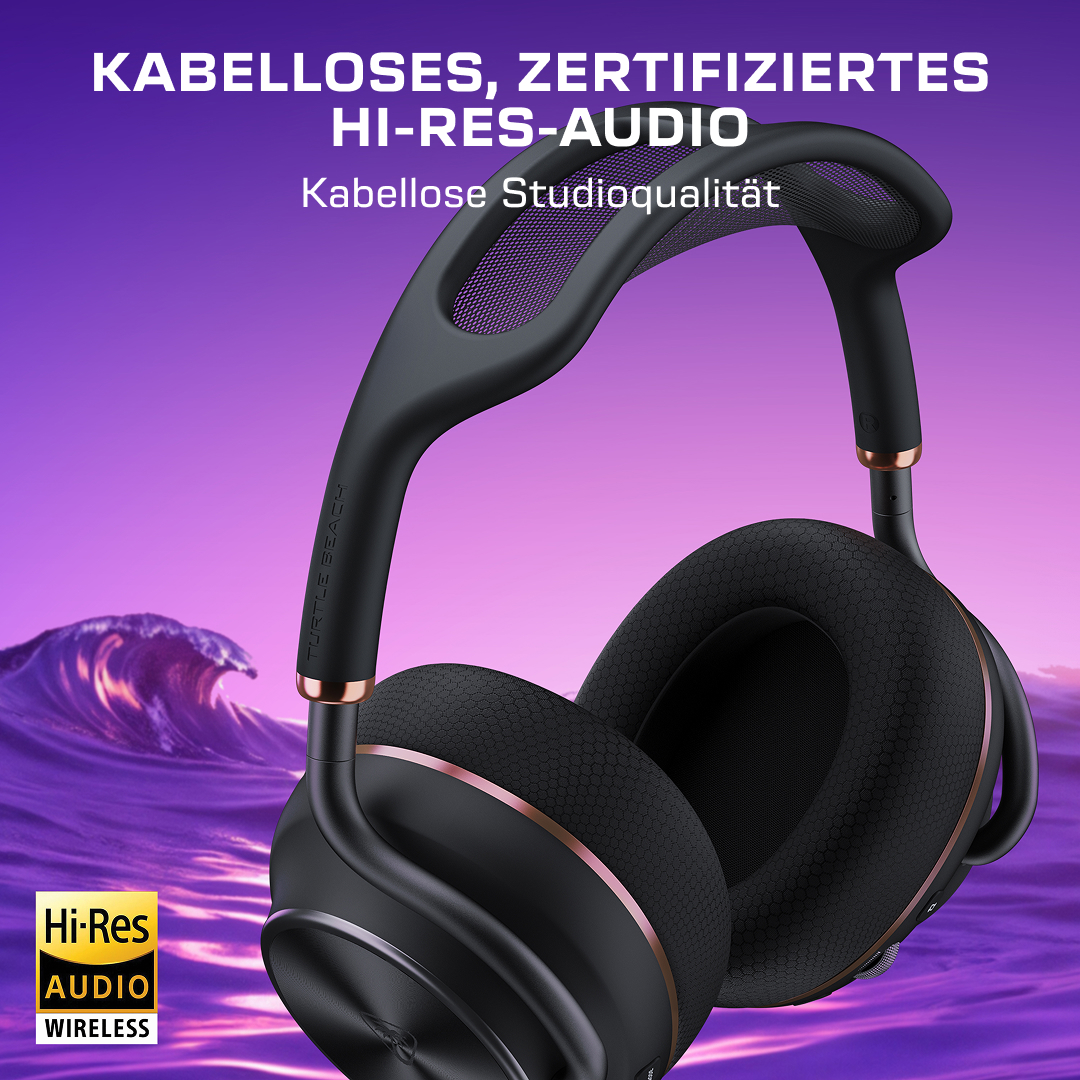 Schwarze Kopfhörer mit kupfernen Akzenten vor lila Wellen und Hi-Res Audio Logo.