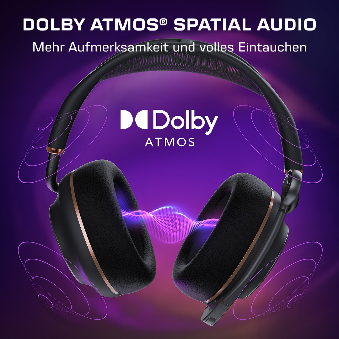 Schwarze Kopfhörer mit Dolby Atmos-Logo und lila Wellen
