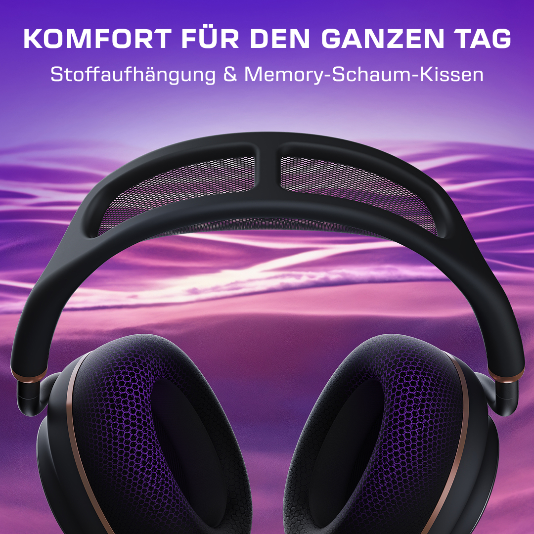 Schwarze Kopfhörer mit lila Akzenten auf lila-violettem Hintergrund.