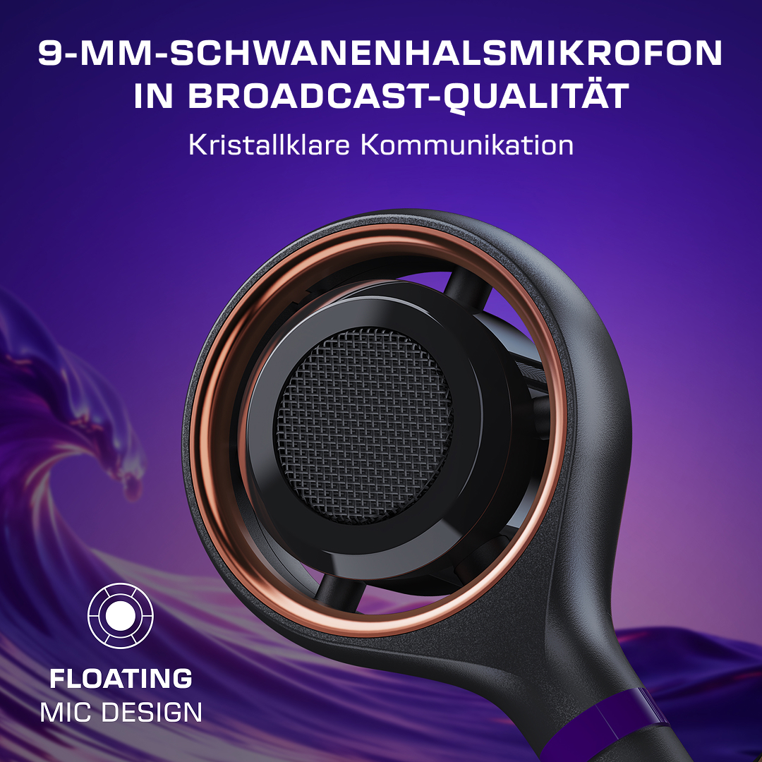 Nahaufnahme eines 9-mm-Mikrofons mit schwanenhals-Design, kupferfarbenem Ring und lila Akzent.
