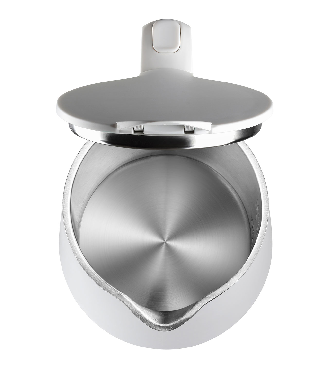 Een witte waterkoker met deksel open, interieur van roestvrij staal zichtbaar.