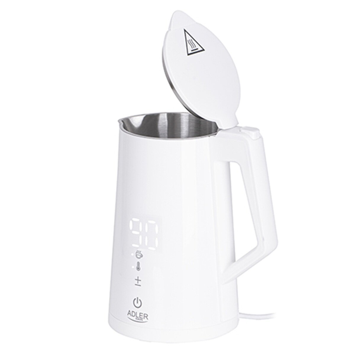 Een witte waterkoker met het deksel open, met een digitale temperatuurweergave.