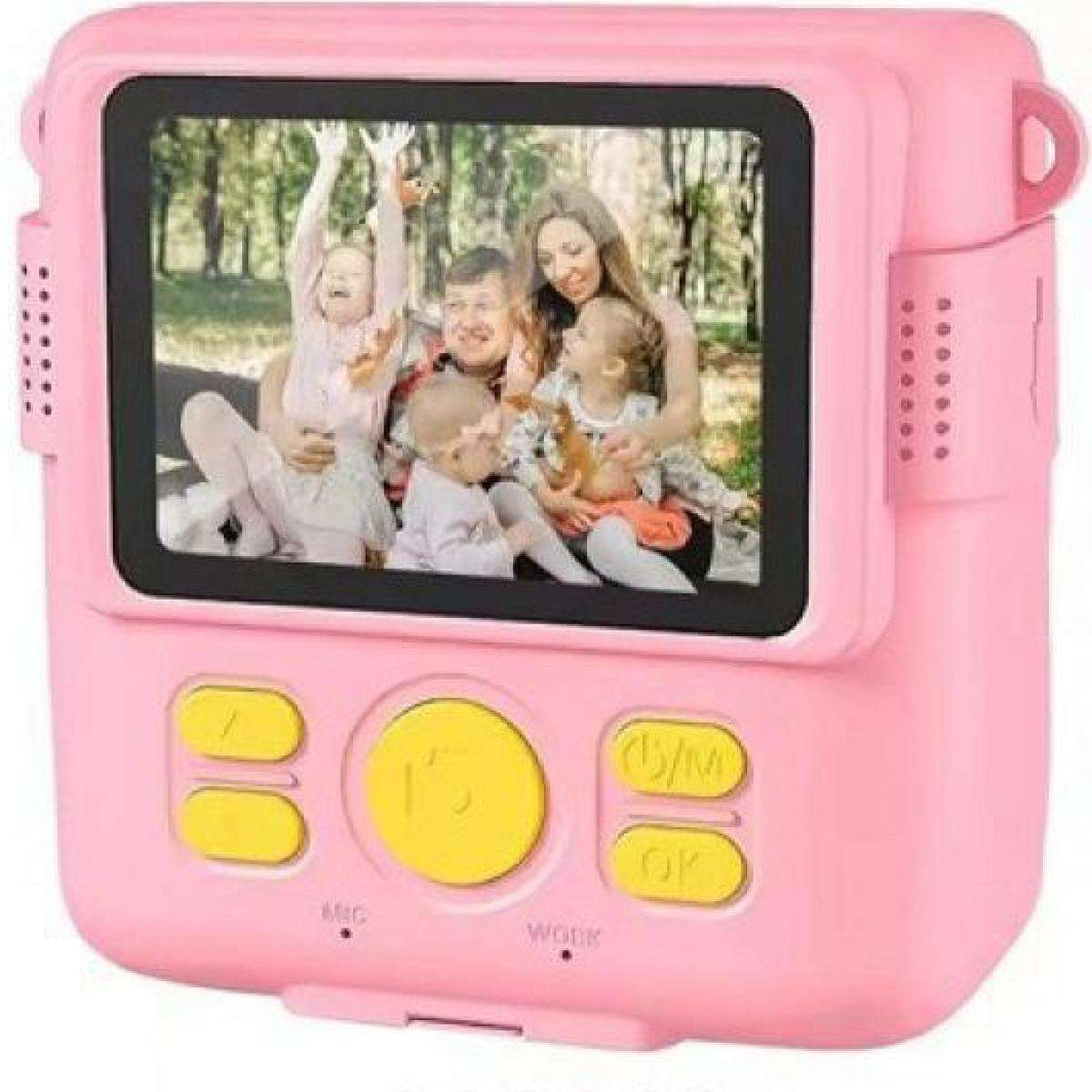 Ein rosa Kinderkamera-Spielzeug mit einem Familienfoto auf dem Bildschirm.