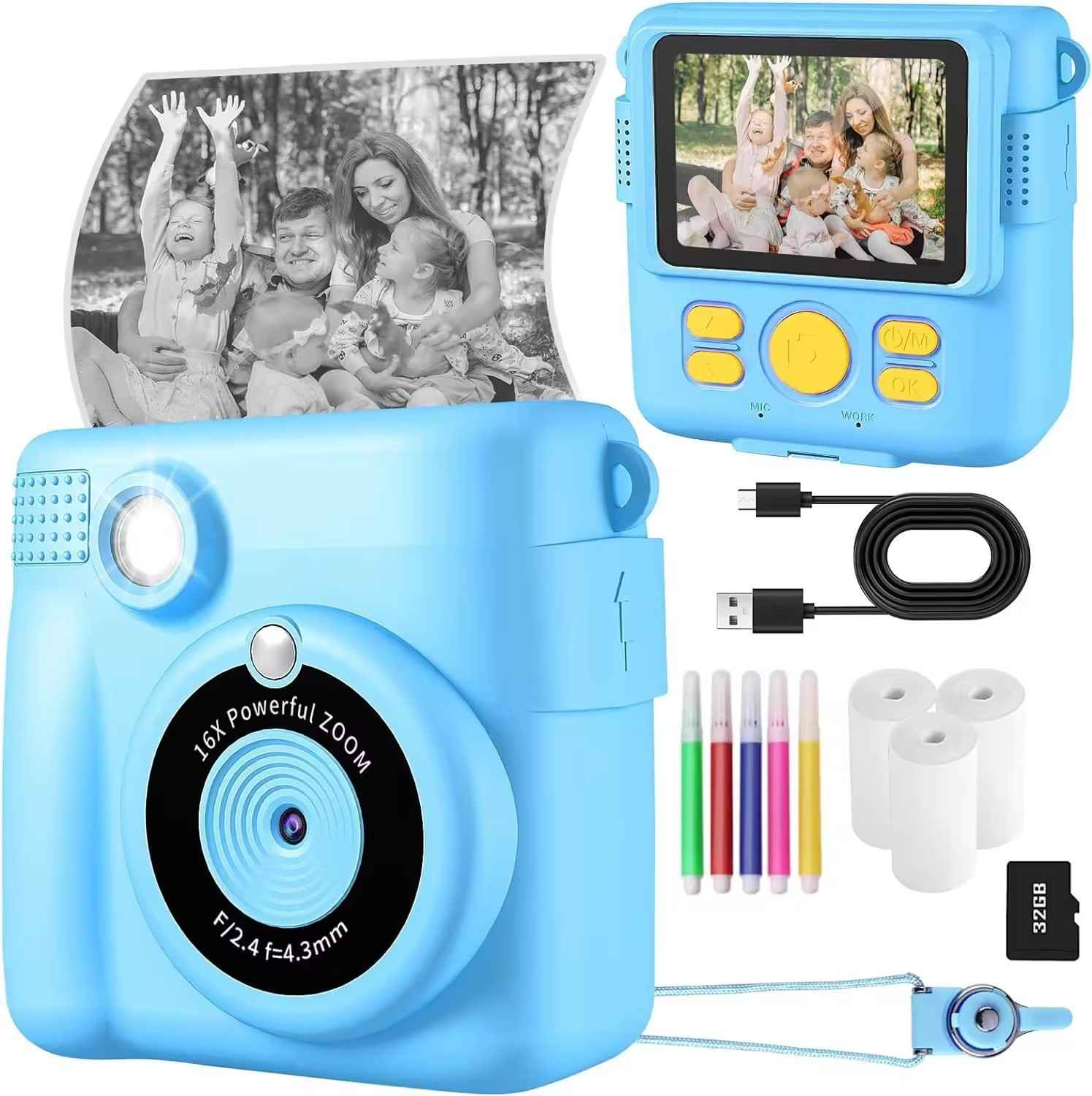 Blaue Digitalkamera für Kinder mit Familienfoto, Zubehör und Ladekabel.