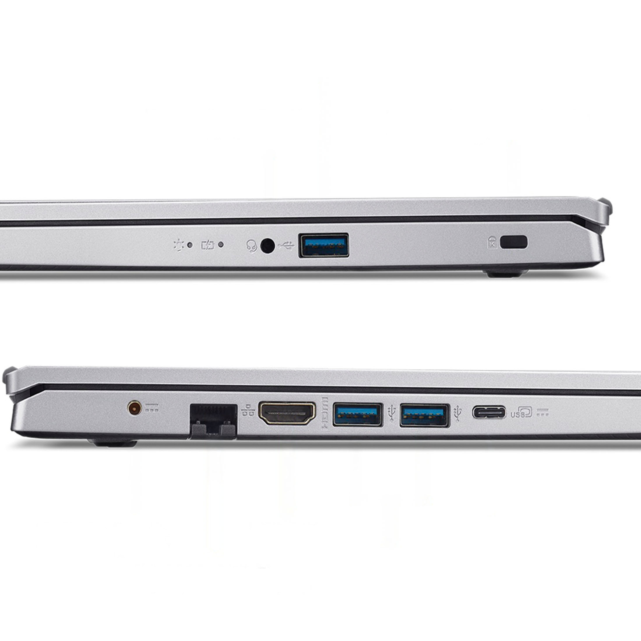 Seitenansicht Laptops mit Anschlüssen: USB, Kopfhörer, HDMI, USB-C.