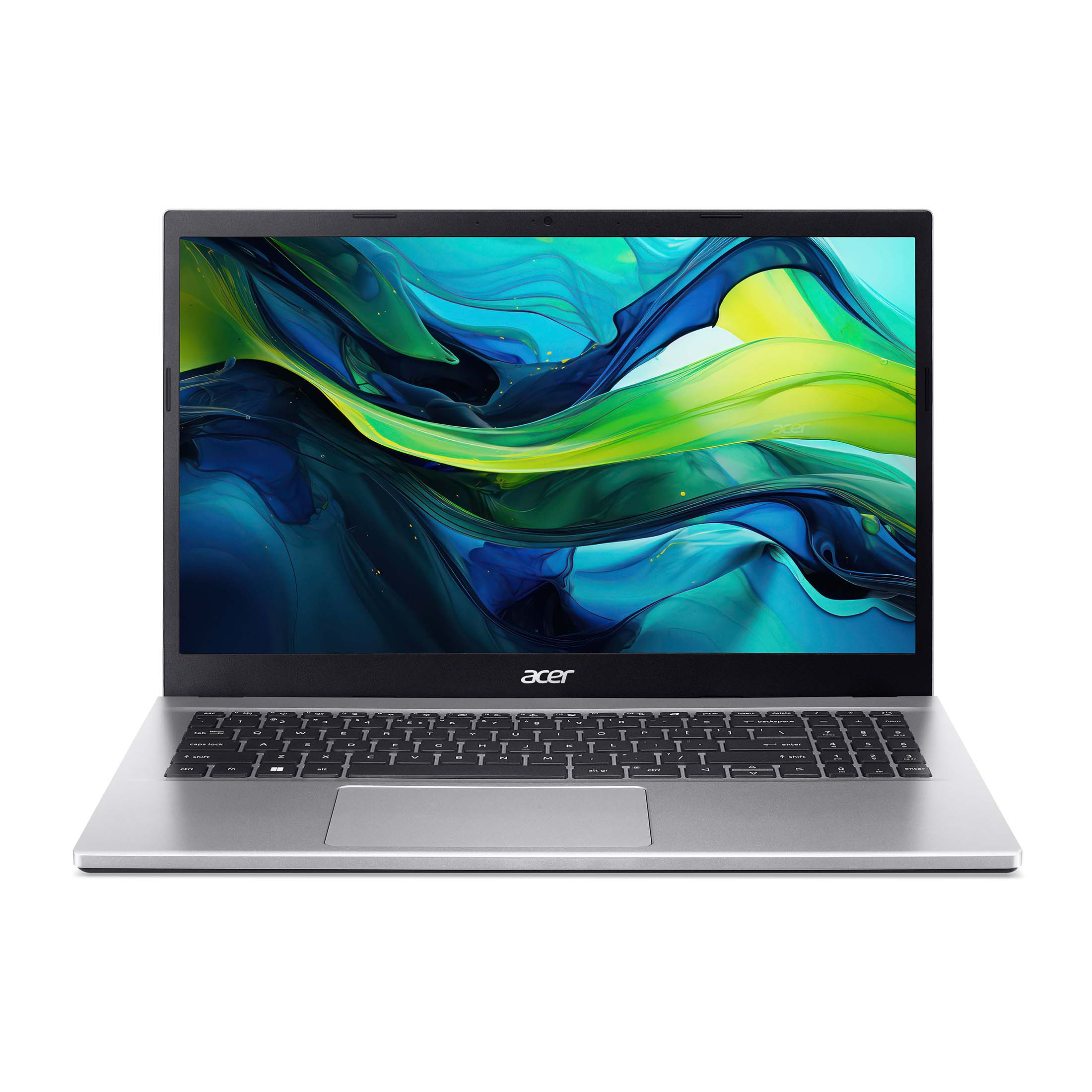Ein silberner Acer Laptop mit einem bunten Hintergrundbild auf dem Bildschirm.