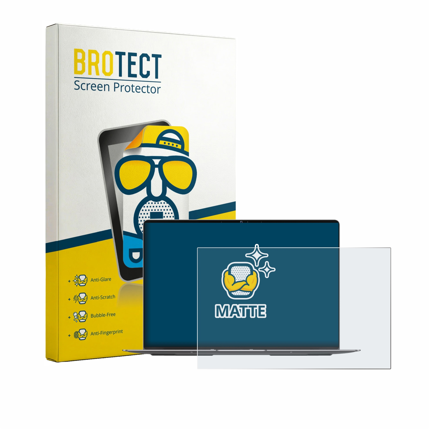 Verpackung für Bildschirmschutzfolie mit Laptop-Display und Eigenschaften.