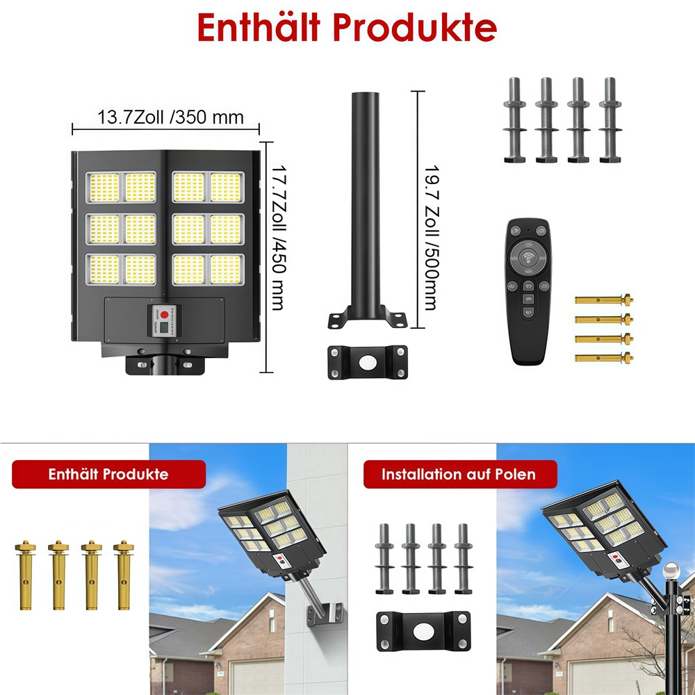 Produktübersicht: Solarleuchte, Mast, Fernbedienung, Schrauben, Montagehalterung.