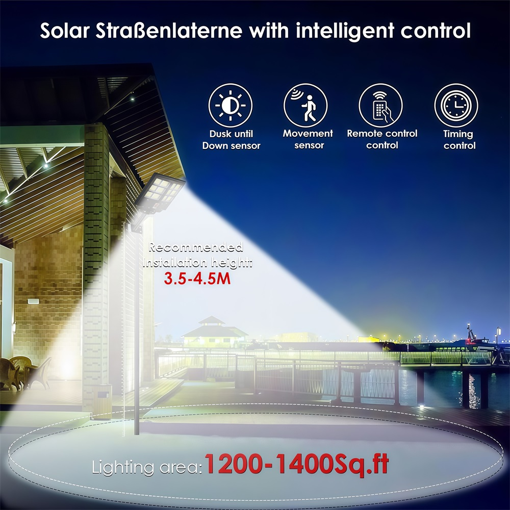 Solar-Straßenlaterne mit intelligenter Steuerung, empfohlen 3,5-4,5m Höhe.