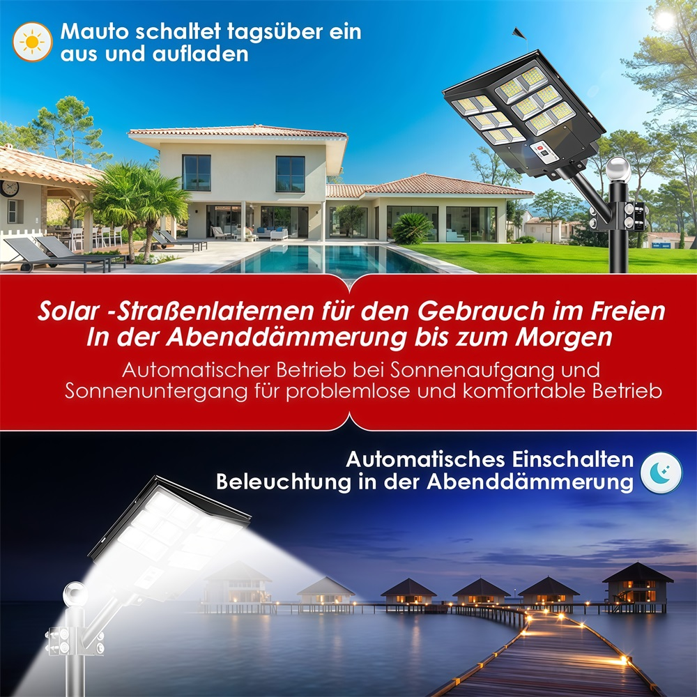 Solar-Außenleuchte schaltet sich bei Dämmerung ein und lädt tagsüber.