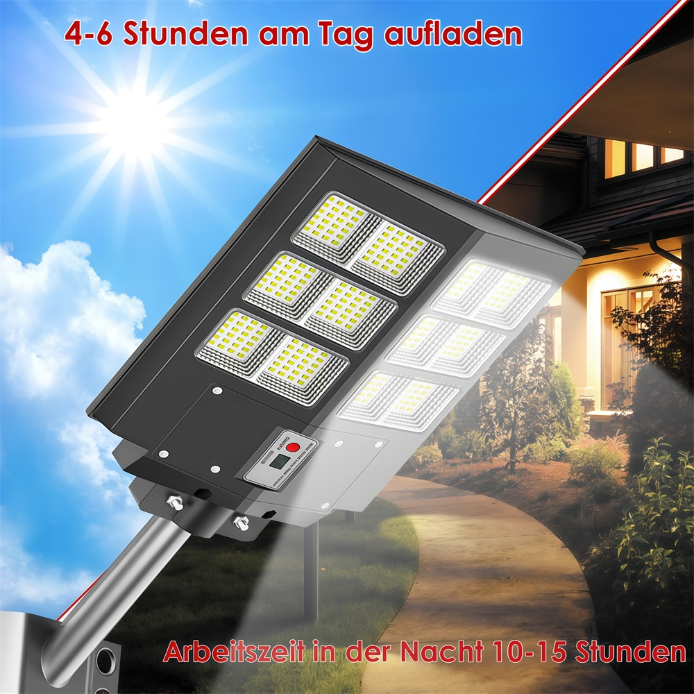 Solarleuchte mit vielen LEDs, tagsüber Sonne, abends Hausbeleuchtung.