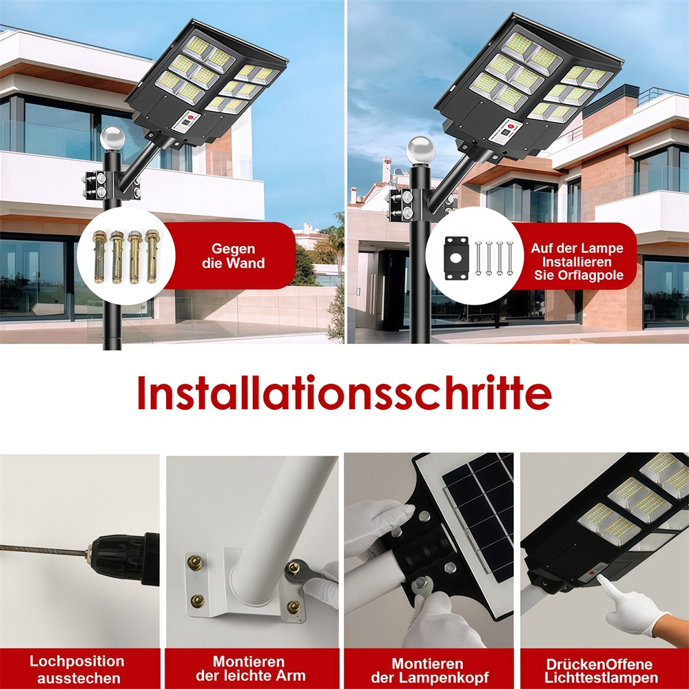 Installationsschritte für eine Solarleuchte: Wandmontage und Montage am Mast.