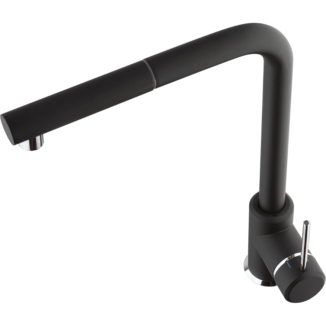 Moderno rubinetto da cucina nero con beccuccio girevole e accenti cromati.