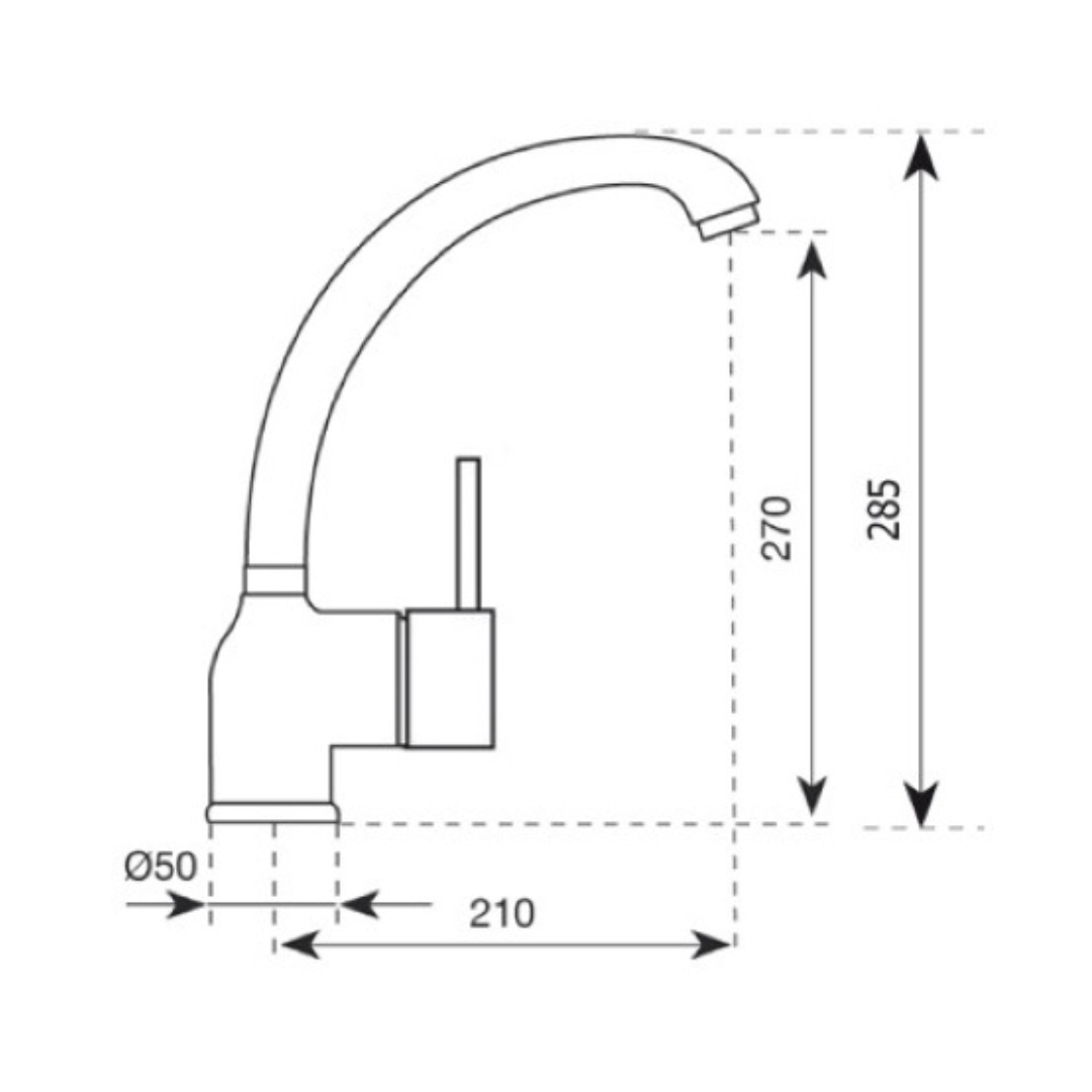 Disegno tecnico di un rubinetto con dimensioni 210 mm di larghezza e 285 mm di altezza.