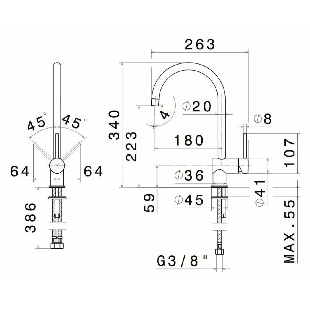 Disegno tecnico di un rubinetto con dimensioni e angoli.
