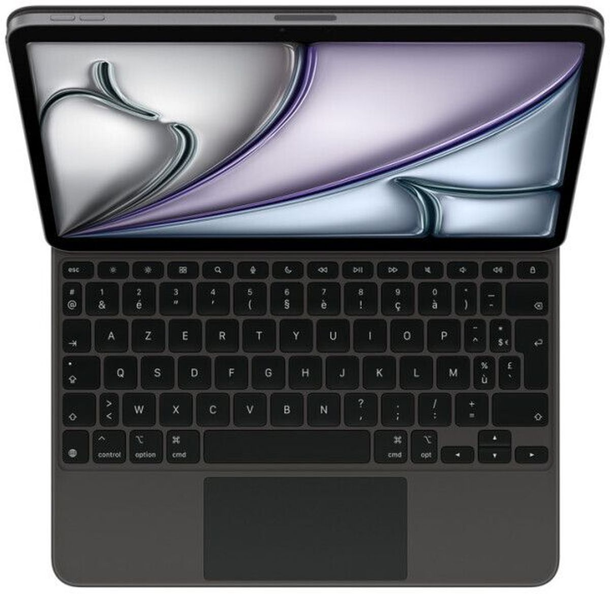Un tablet nero con tastiera allegata, che mostra uno sfondo astratto grigio e viola sullo schermo.
