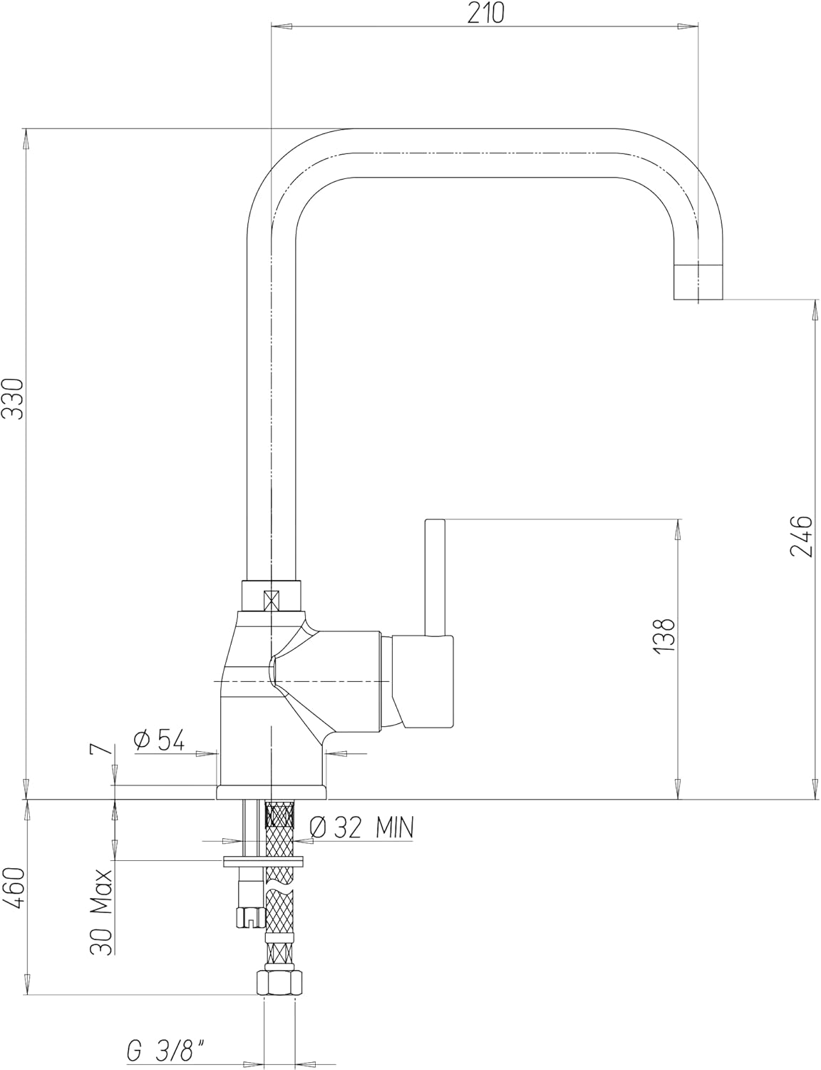 Disegno tecnico di un rubinetto con dimensioni.