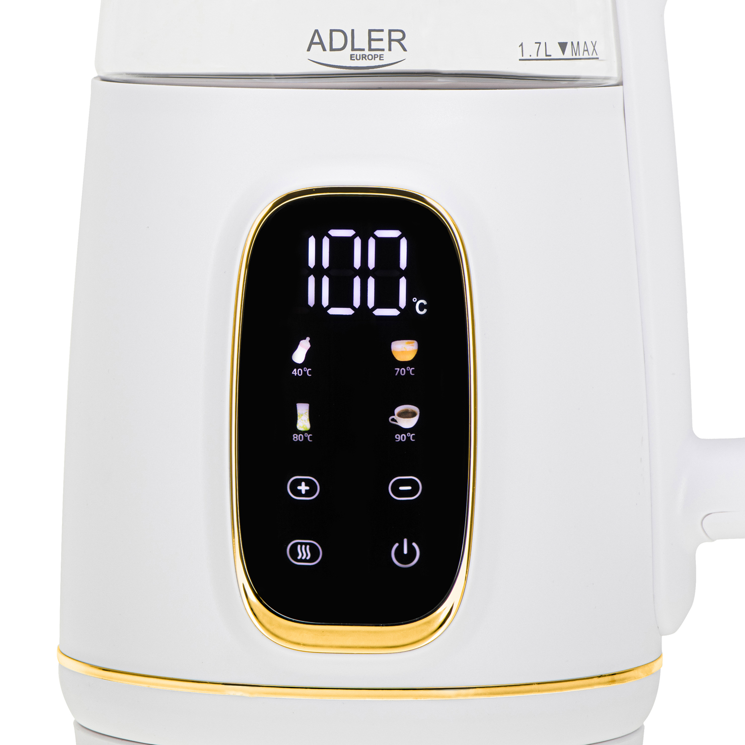 Bollitore bianco con display digitale che mostra 100°C, capacità 1,7L.