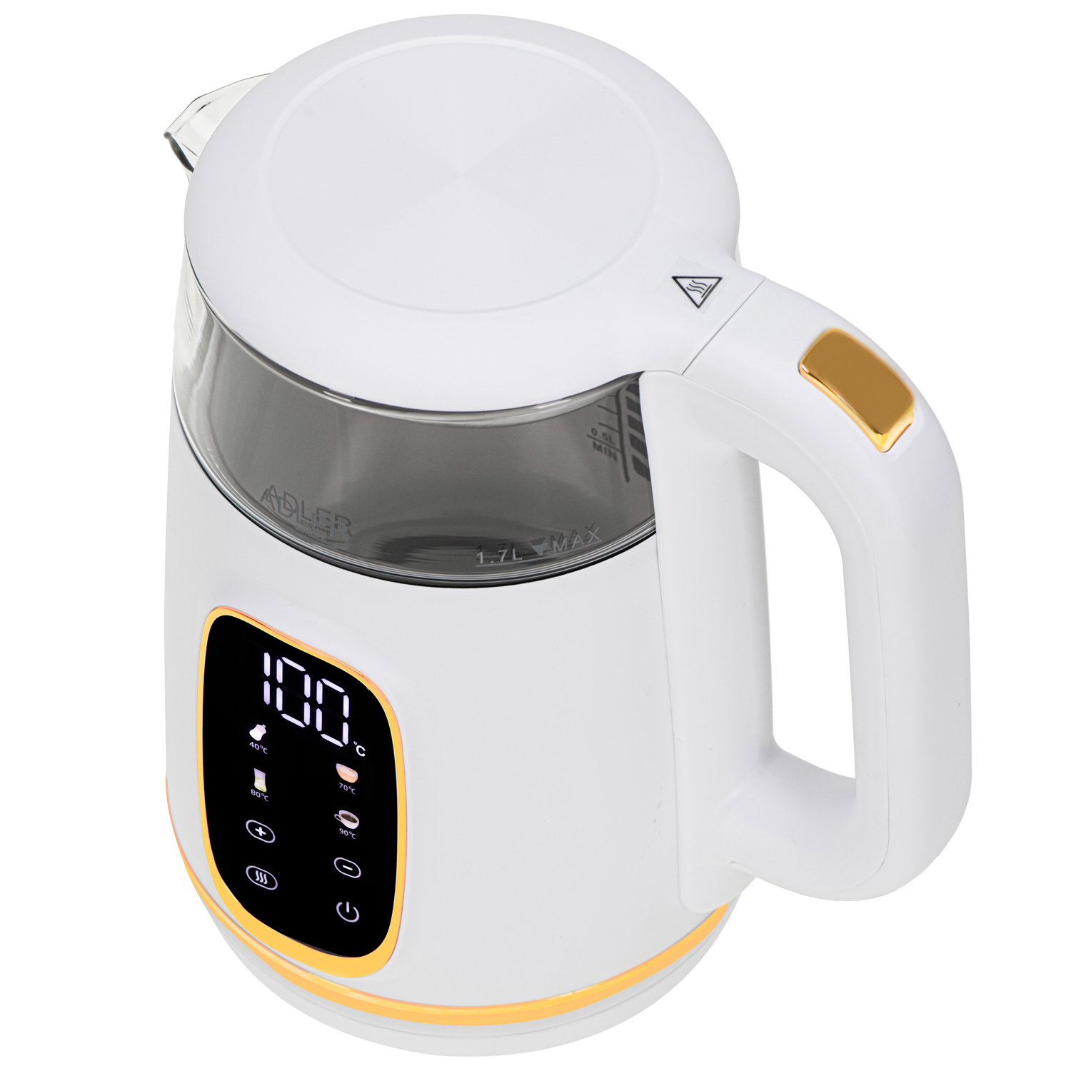 Bollitore elettrico bianco con corpo in vetro e display digitale.