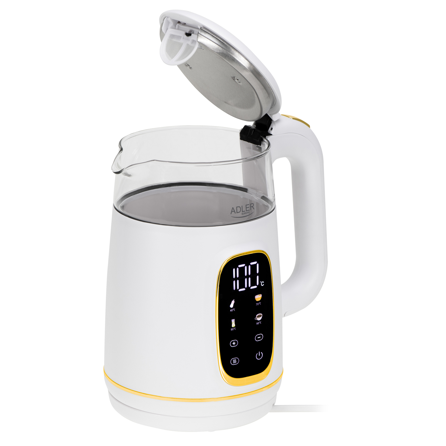 Bollitore elettrico bianco con corpo in vetro, coperchio aperto e display digitale 100°C.