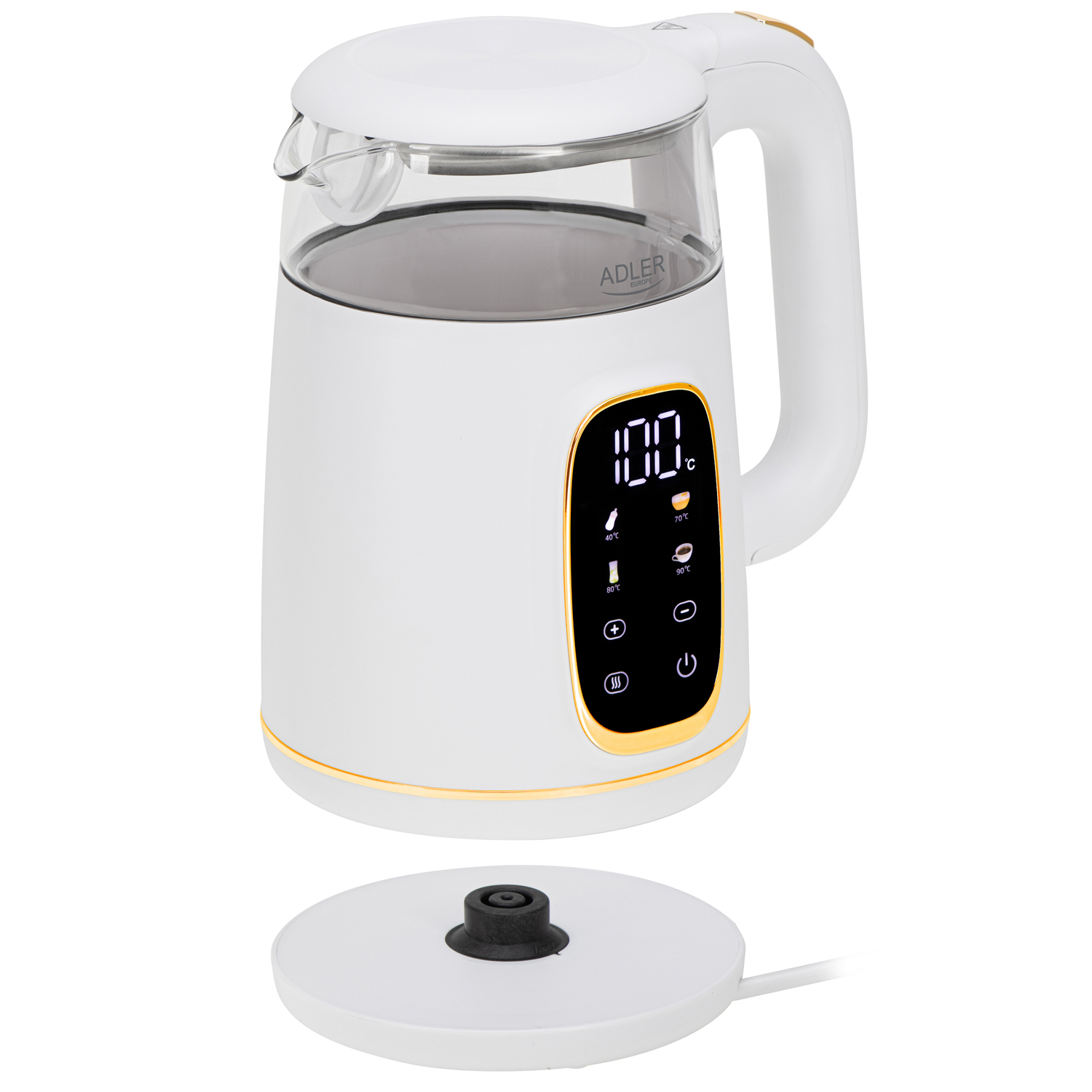 Un bollitore bianco con parti in vetro e display digitale, accanto alla sua base.
