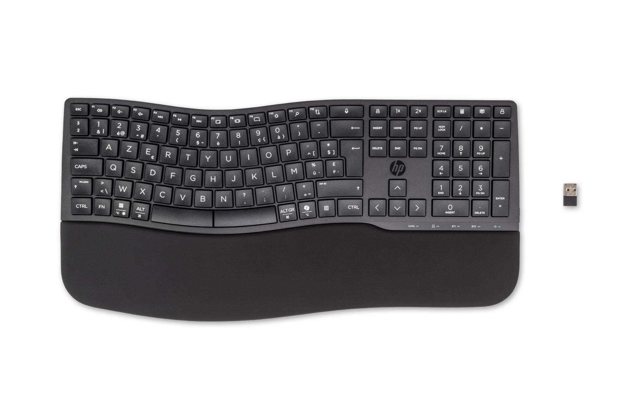 Clavier HP ergonomique noir avec repose-poignet et dongle USB.