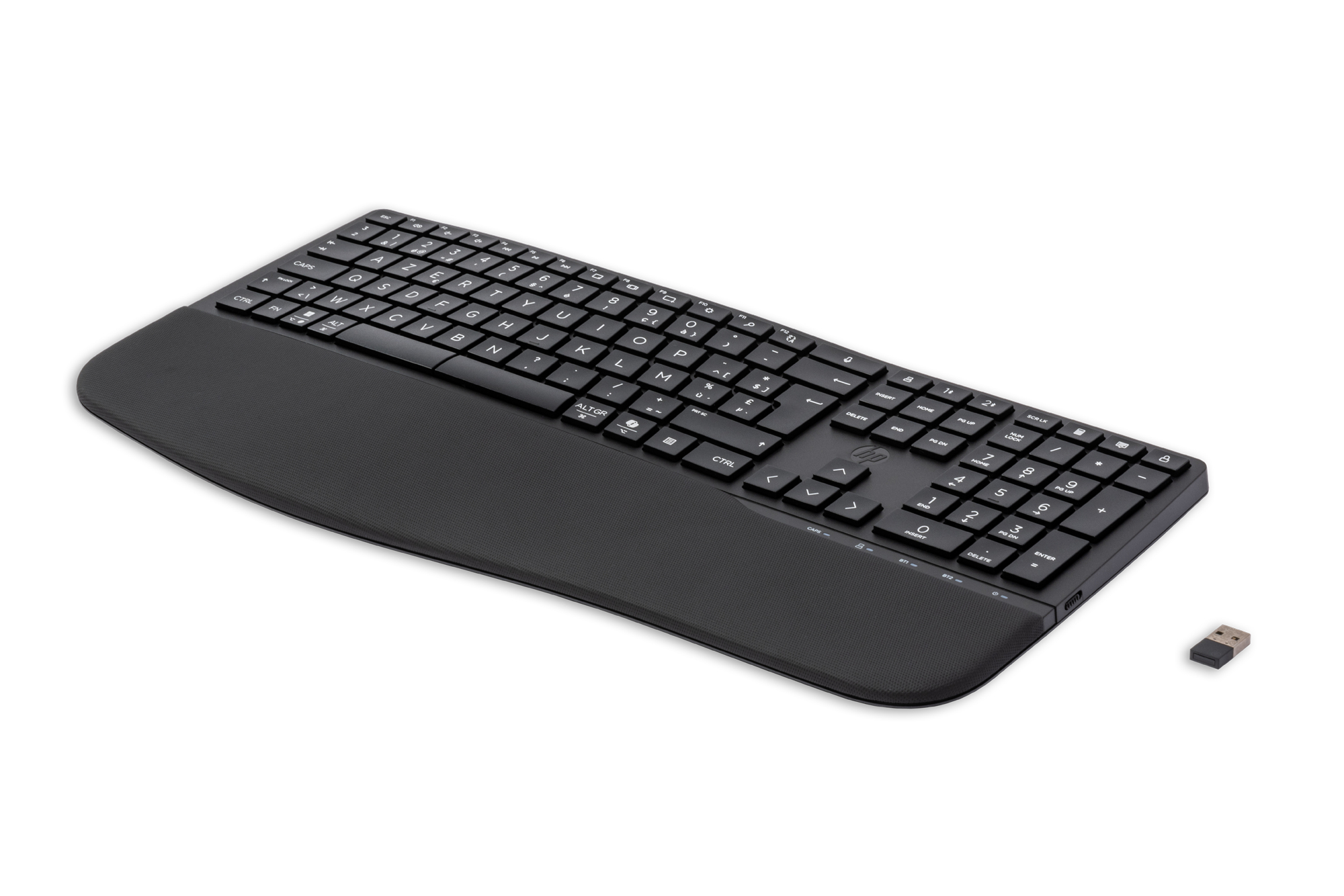 Clavier sans fil noir avec repose-poignets et dongle USB.