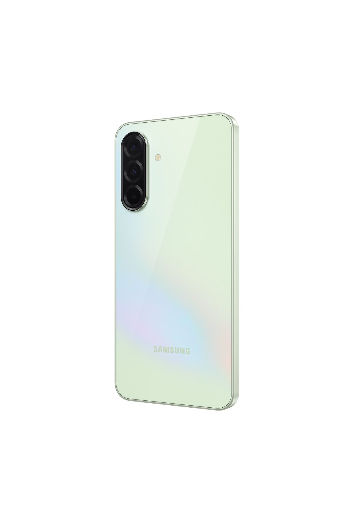 Üç kameralı, açık yeşil Samsung akıllı telefonun arkası.