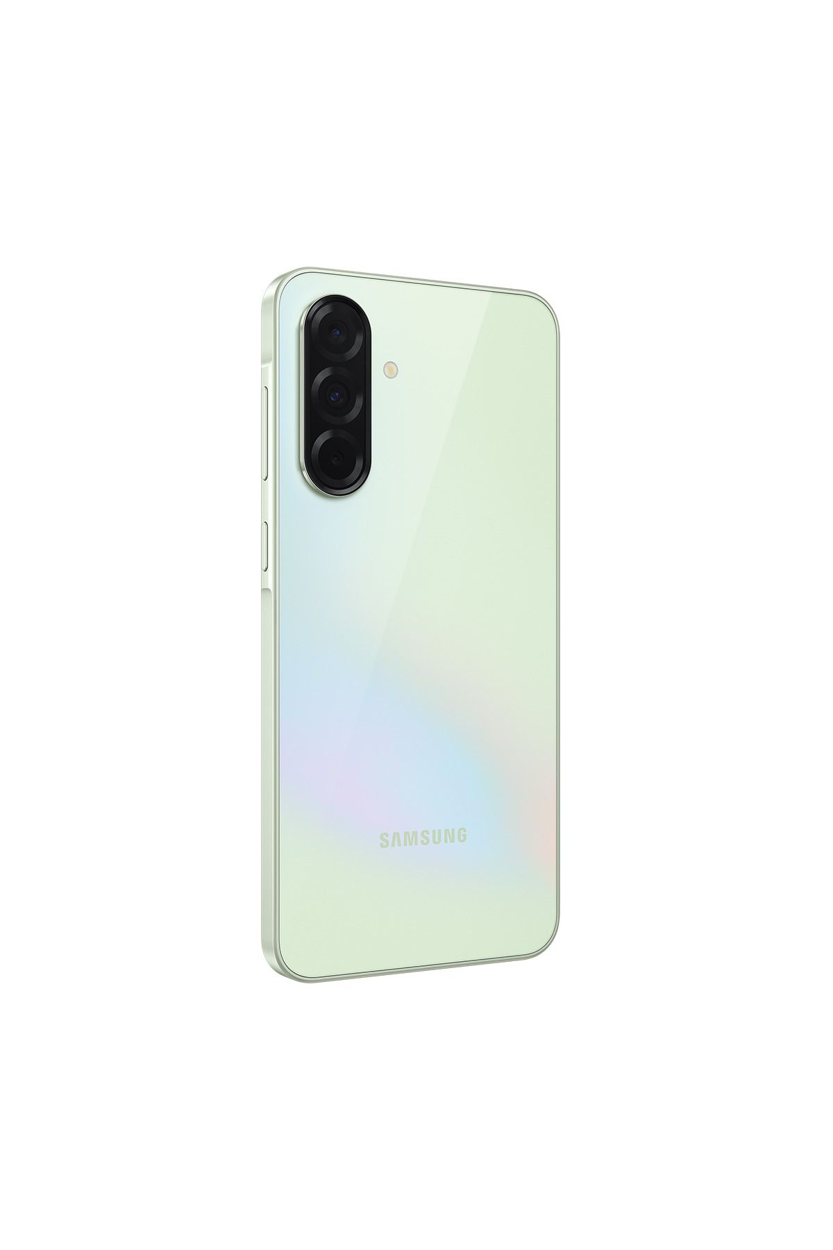 Arkada üç kamerası olan açık yeşil Samsung akıllı telefon.