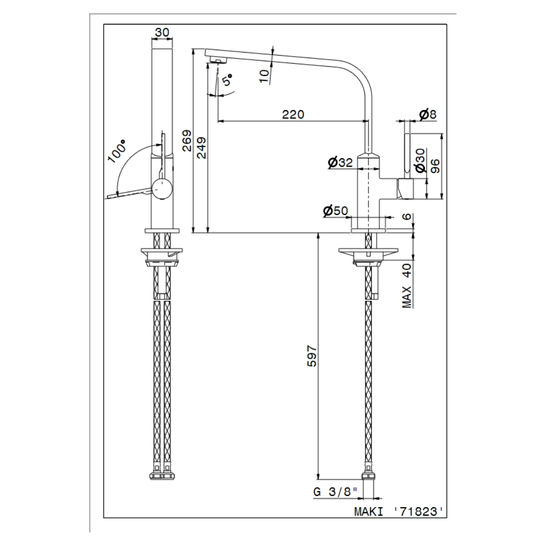 Disegno tecnico di un rubinetto con dimensioni.