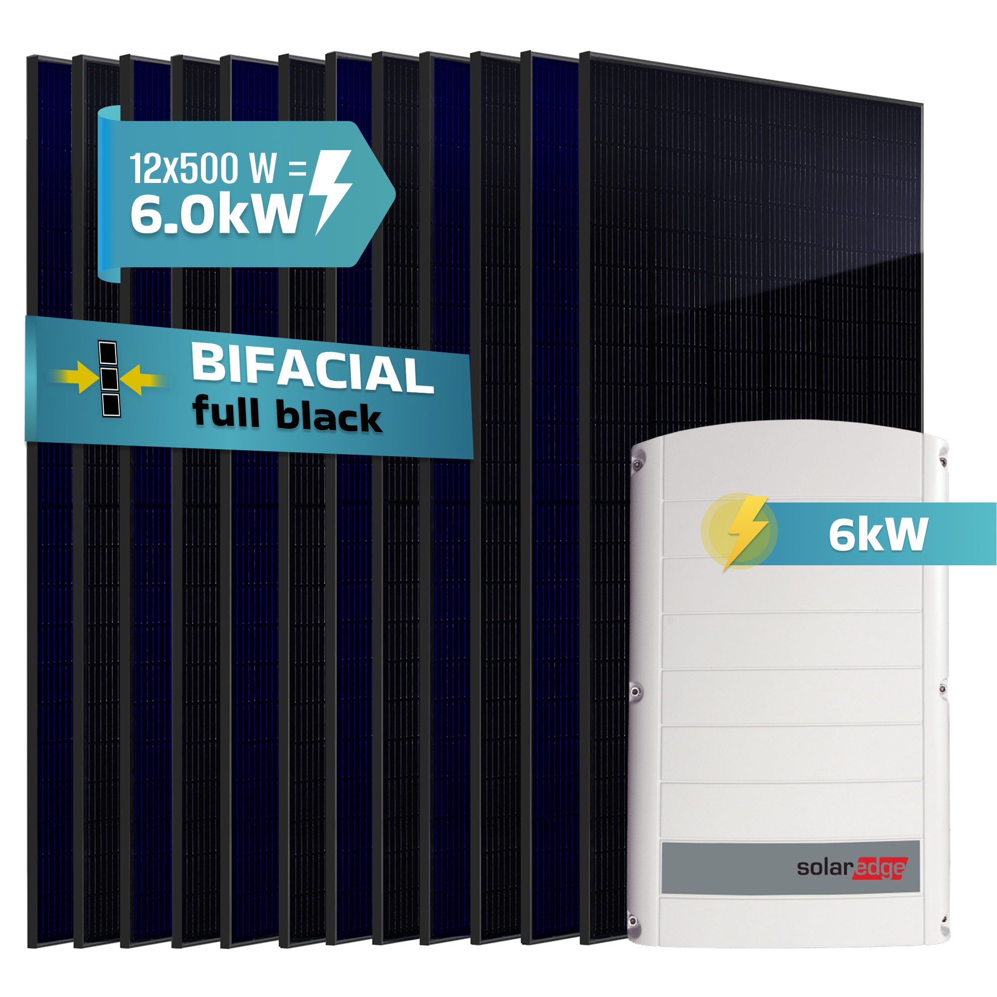 Reihe schwarzer Solarmodule mit einem weißen Wechselrichter daneben.