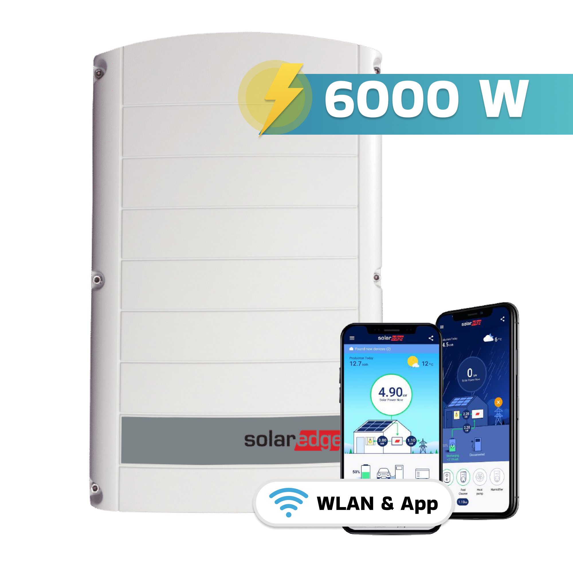 Ein weißer SolarEdge Wechselrichter mit 6000 W und zwei Smartphones, die die App zeigen.