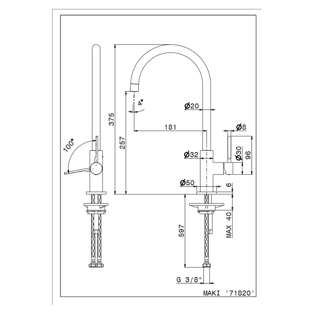 Disegno tecnico di un rubinetto con dimensioni. Viste laterali e frontali mostrate.