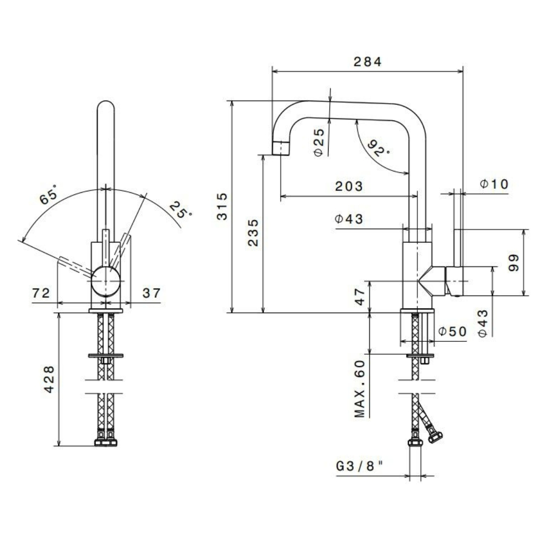 Disegno tecnico di un rubinetto con dimensioni e angoli mostrati.