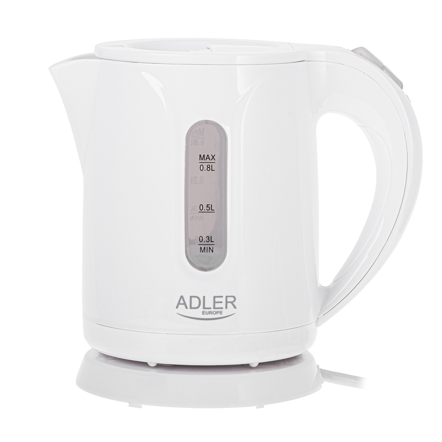 Un bollitore elettrico bianco con manico e indicatore livello acqua.