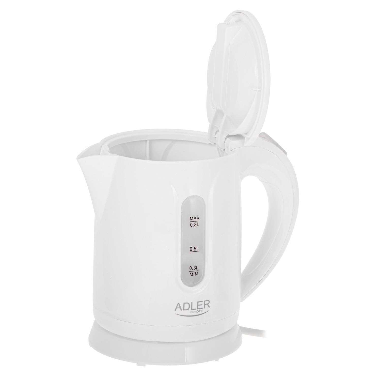 Un bollitore elettrico bianco con coperchio aperto, livello max 0,8L.