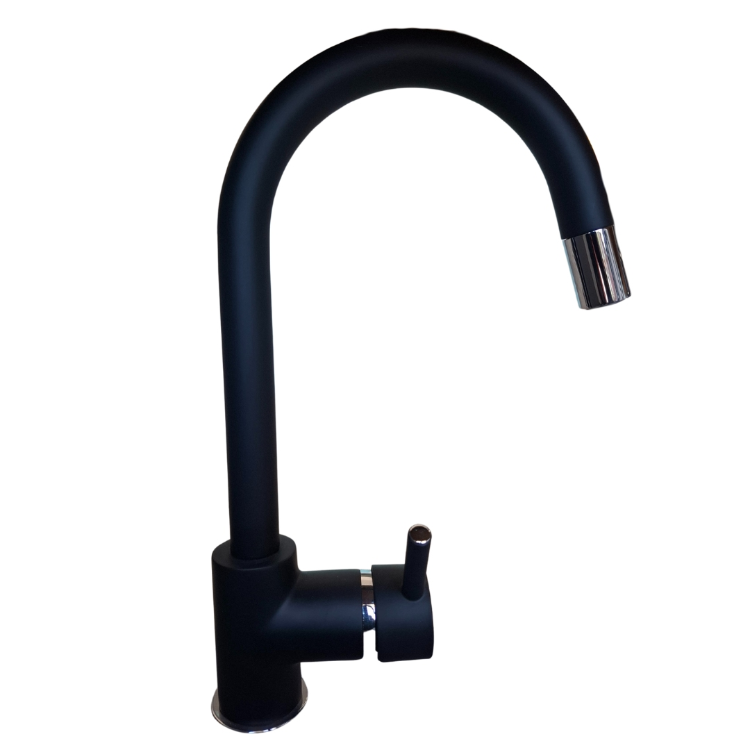 Un moderno rubinetto da cucina nero con arco alto e soffione estraibile.