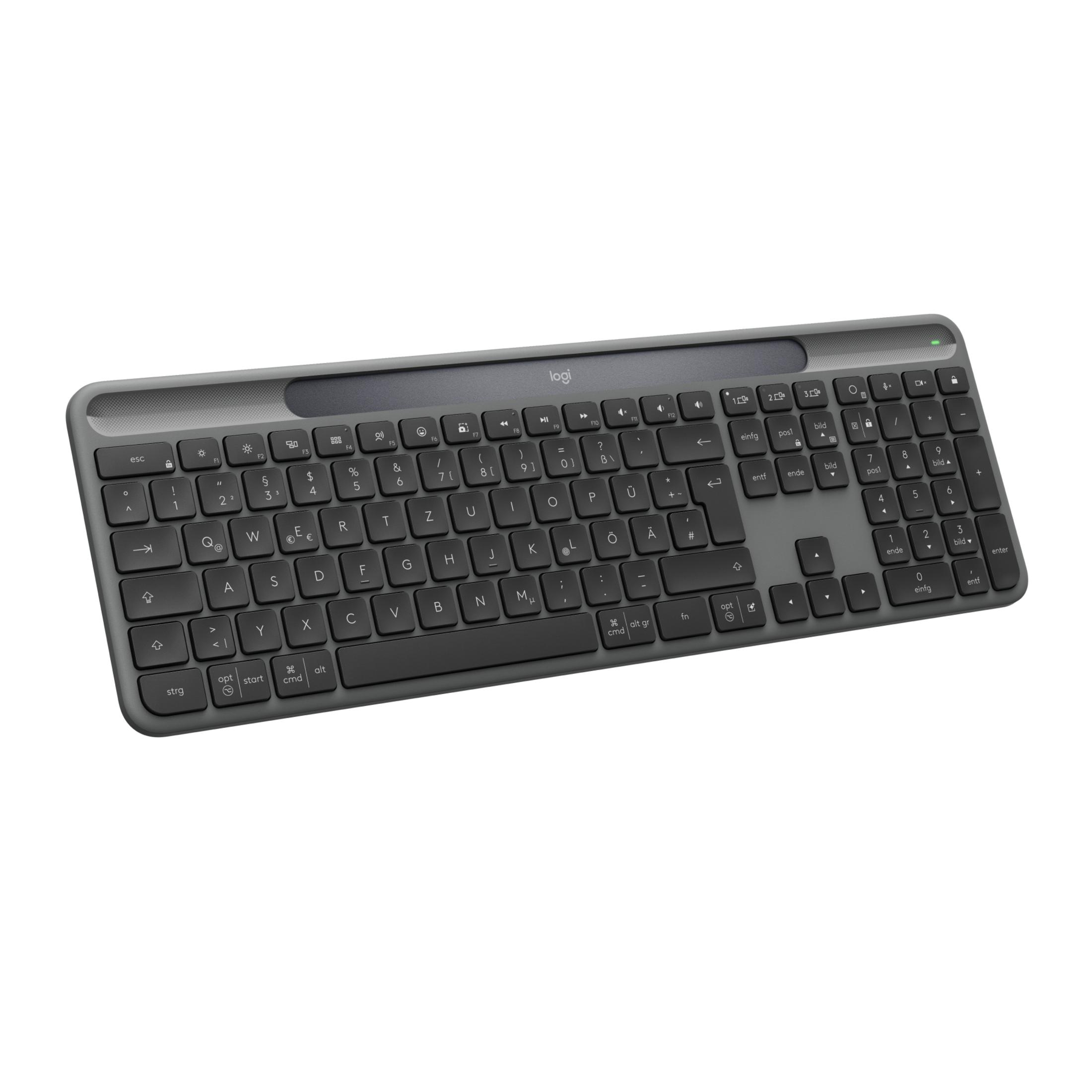 Szara klawiatura Logitech z czarnymi klawiszami na białym tle.