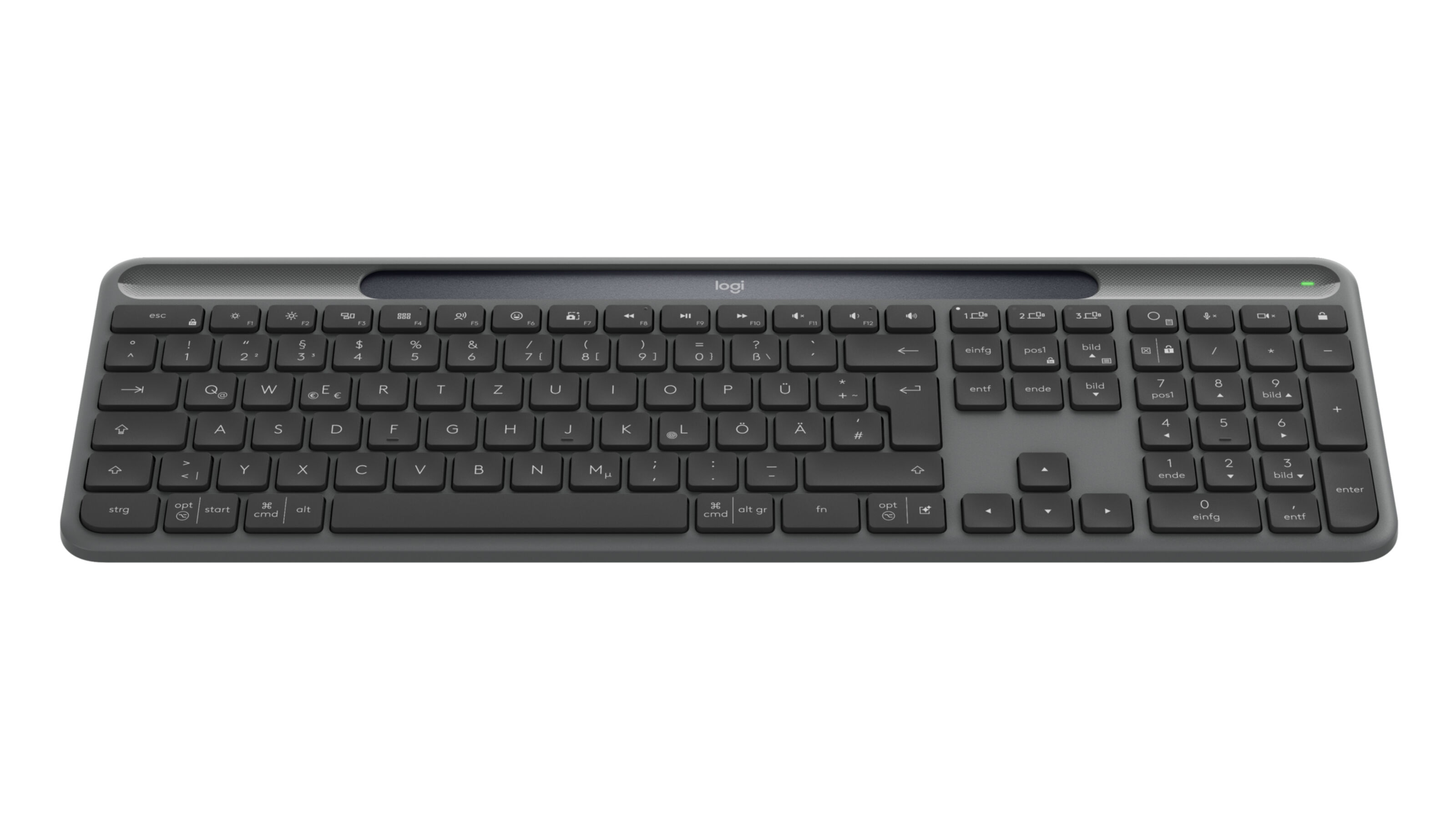 Ciemnoszara klawiatura Logitech z klawiaturą numeryczną i podświetleniem.