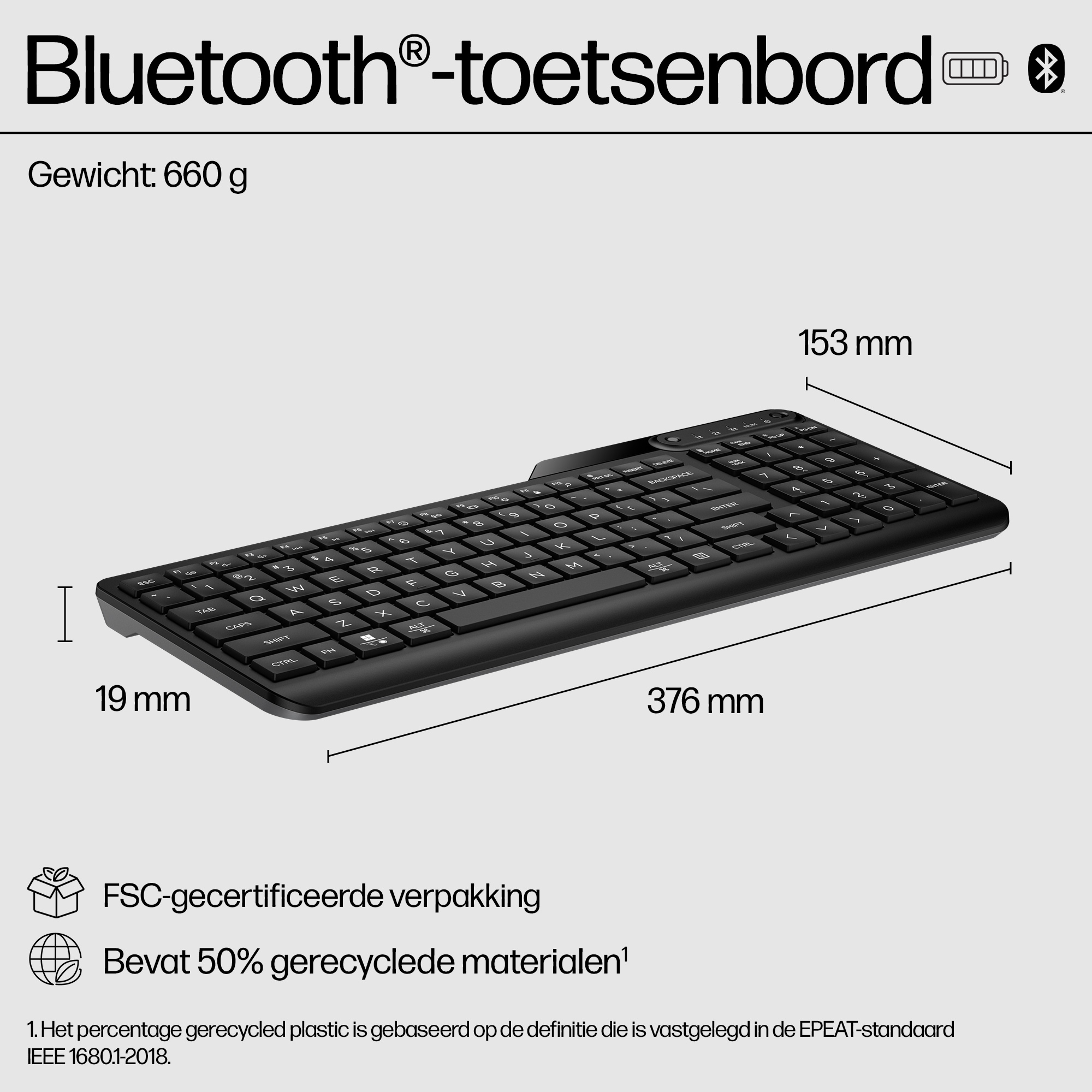Czarna klawiatura Bluetooth o wymiarach: 376x153x19mm, waga 660g.