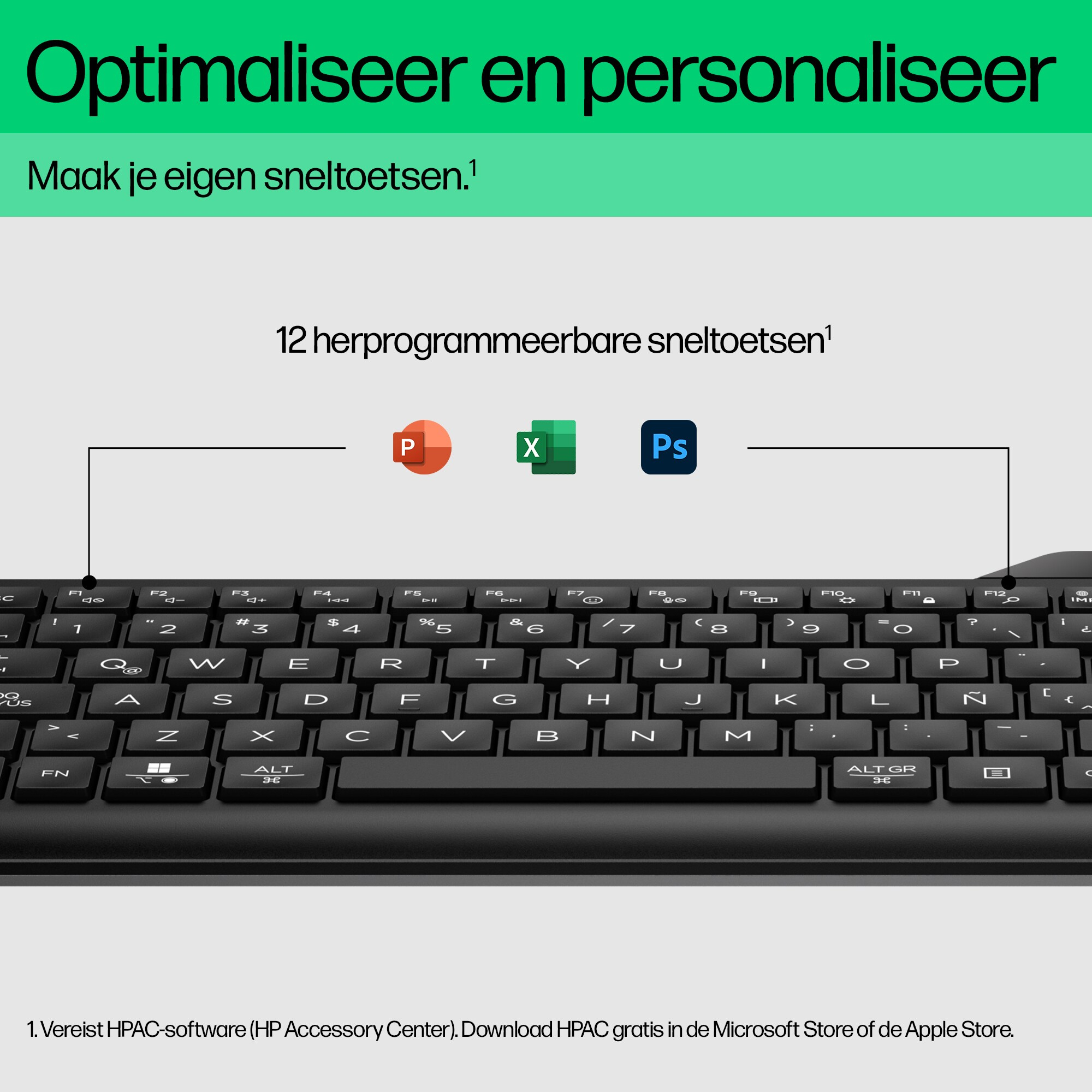 Klawiatura z logo PowerPoint, Excel i Photoshop.