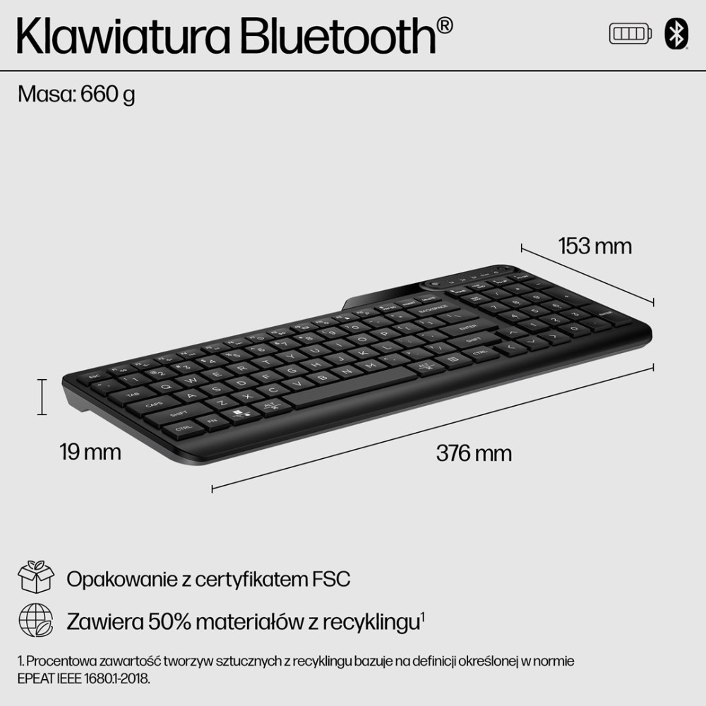 Czarna klawiatura Bluetooth, 376x153x19mm, 660g. Opakowanie FSC.